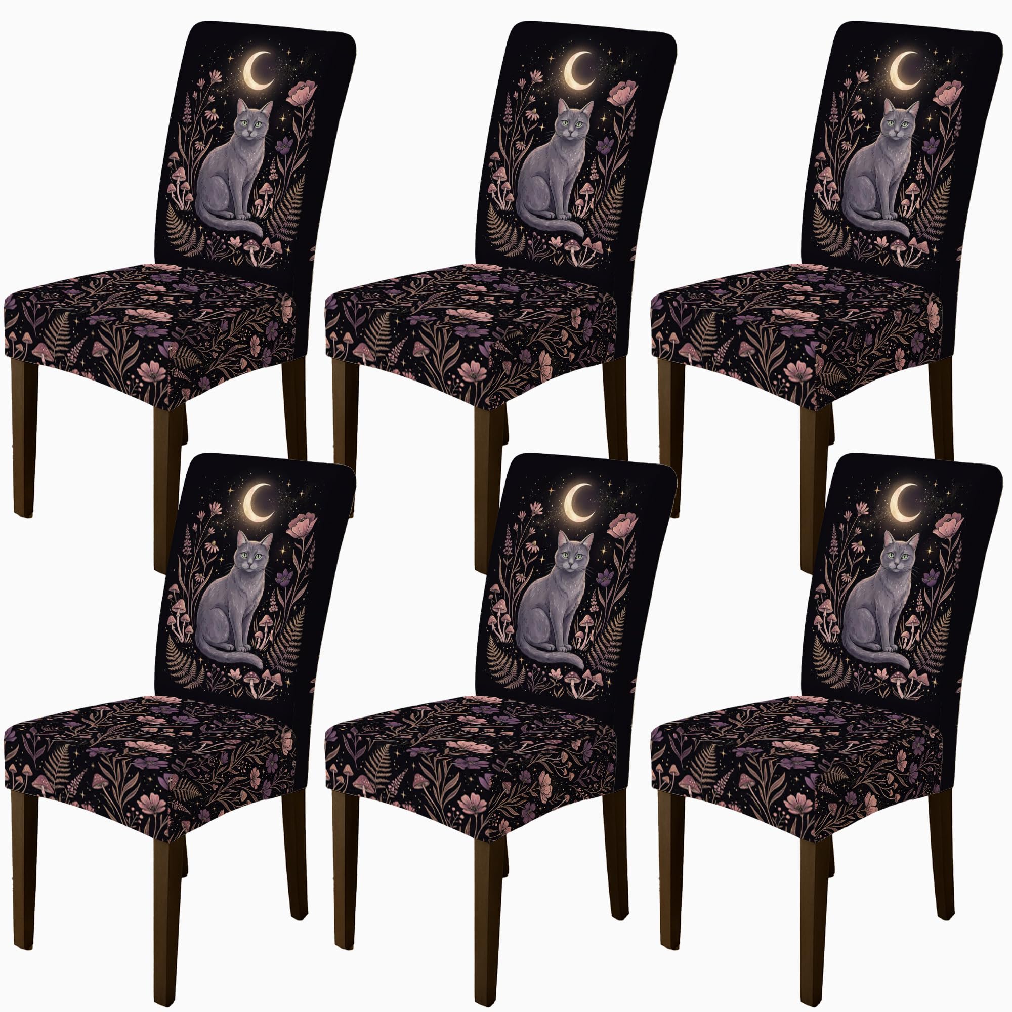 Housse de chaise chat lot de 6 motifs fantastiques lune fleurs d'automne
