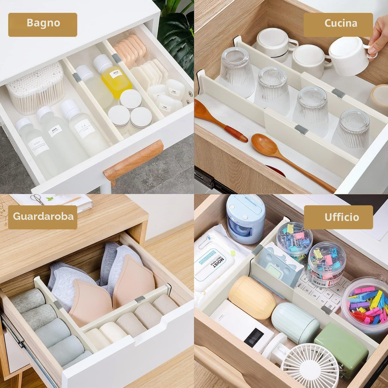 SENENQU Divisori per Cassetti 6 Pezzi Regolabili Bianchi 34-54 Cm | Separatori per Cassetti, Organizer Cucina, Bagno, Armadio e Intimo 6 cm in PP per Casa e Armadio