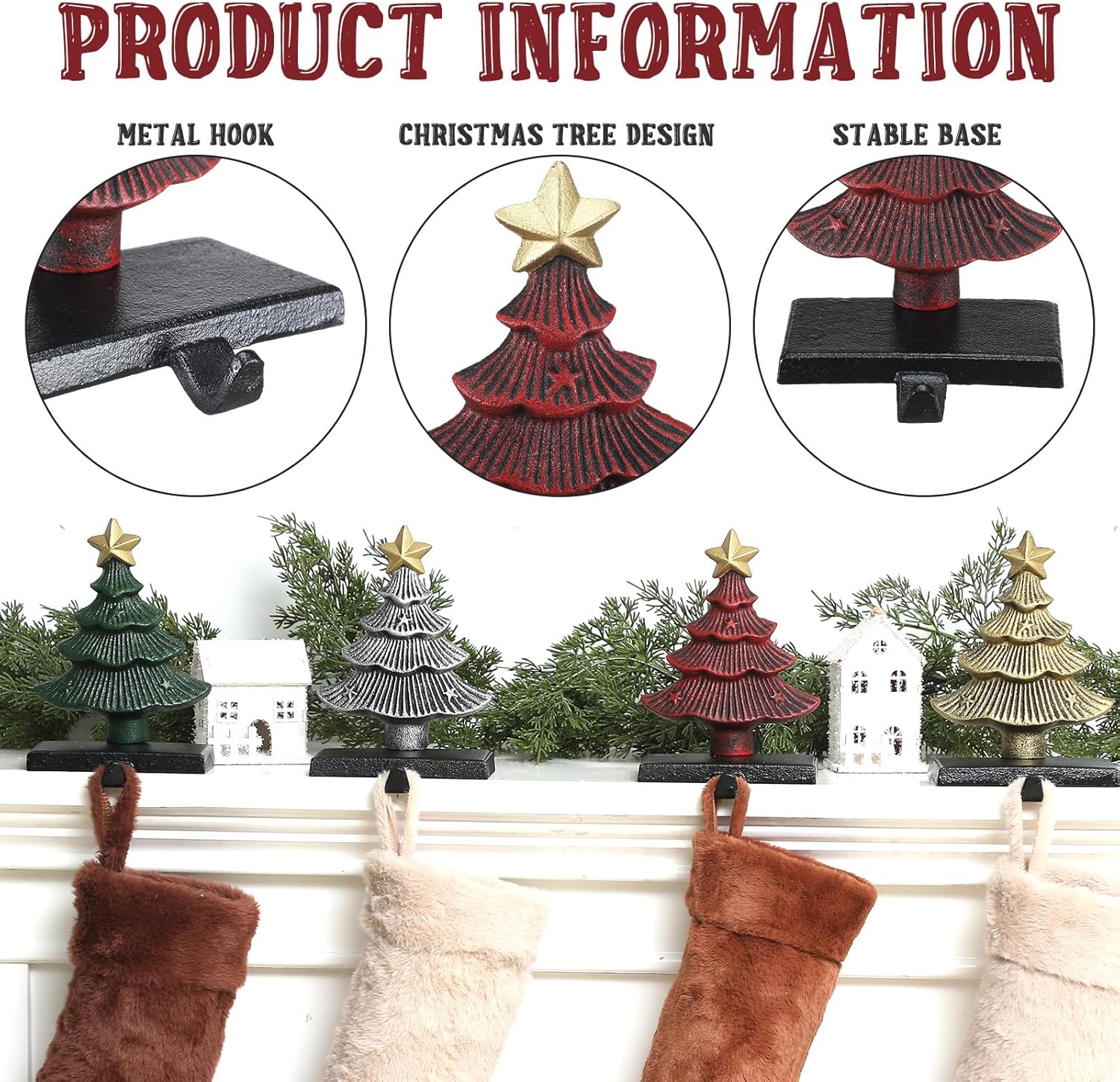 4 PCS Christmas Tree Stocking Holder - 6.5 inch Metal Fireplace Mantel Pine Tree Stocking Display Hanger Hooks for Xmas Winter Seasonal Home Decoration