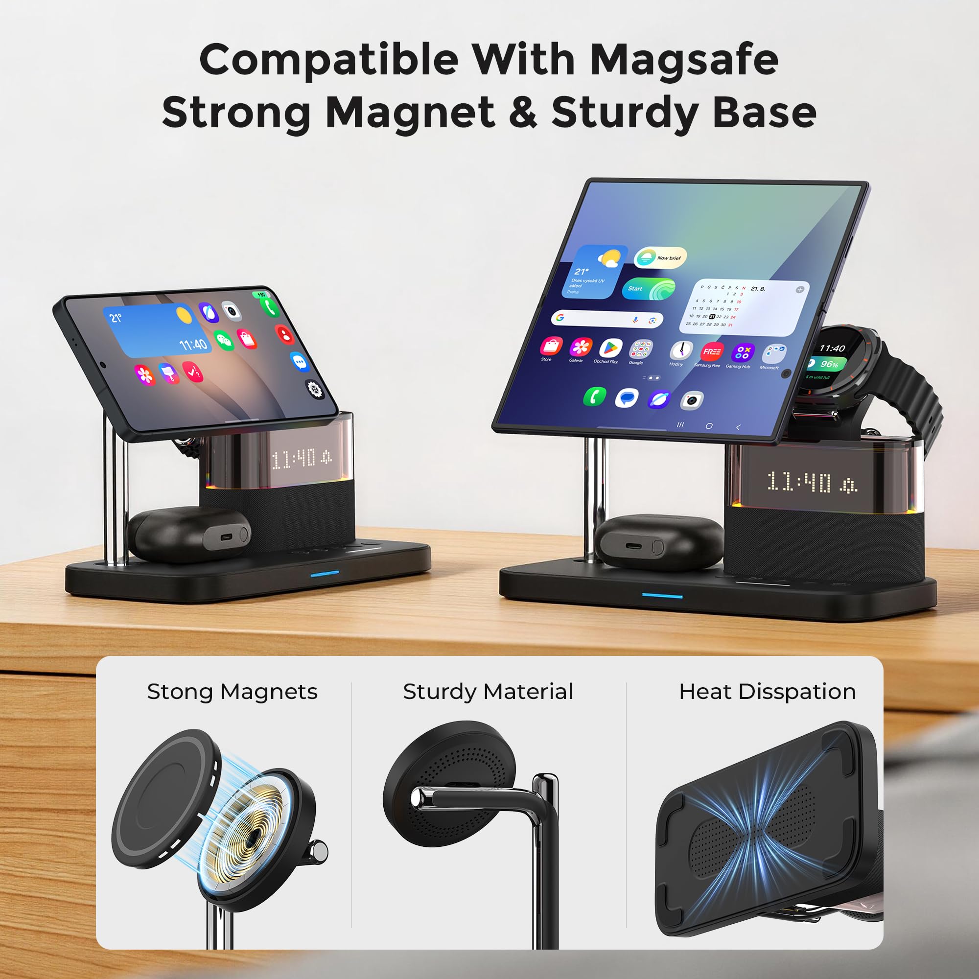 3 in 1 stazione di ricarica wireless per Samsung Galaxy S25/S24/S23/S22 m. anello magnetico, caricatore rapido per Samsung con sveglia e luce notturna, supporto di ricarica senza fili incluso