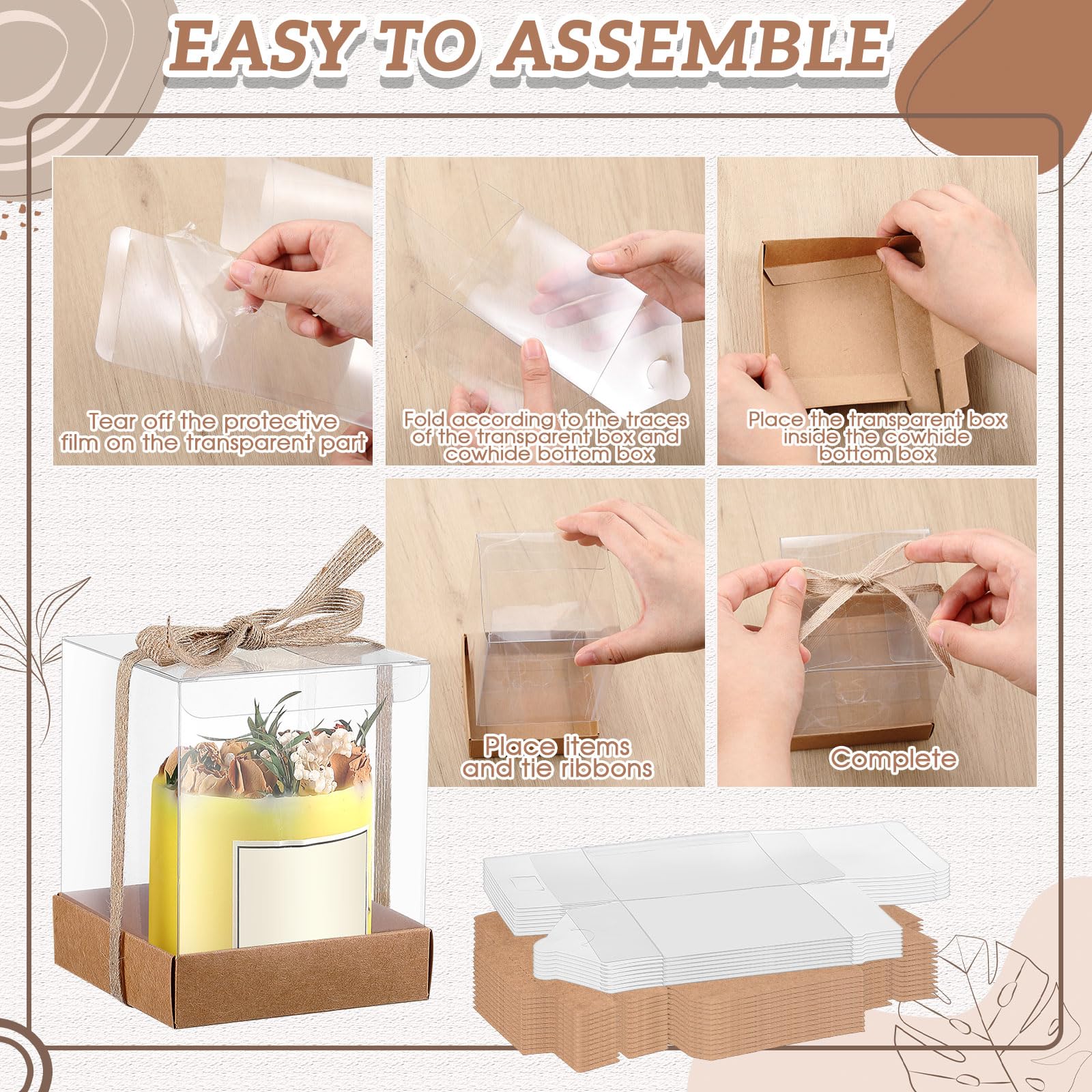36er-Set, 8,9 x 8,9 x 10,9 cm, transparente Kerzen-Geschenkbox, Verpackung, 113,4–510 ml, Teelichthalter, Bulk-Papier-Bodenabdeckung mit Band, für Weihnachten, Hochzeit, Babyparty, Party,