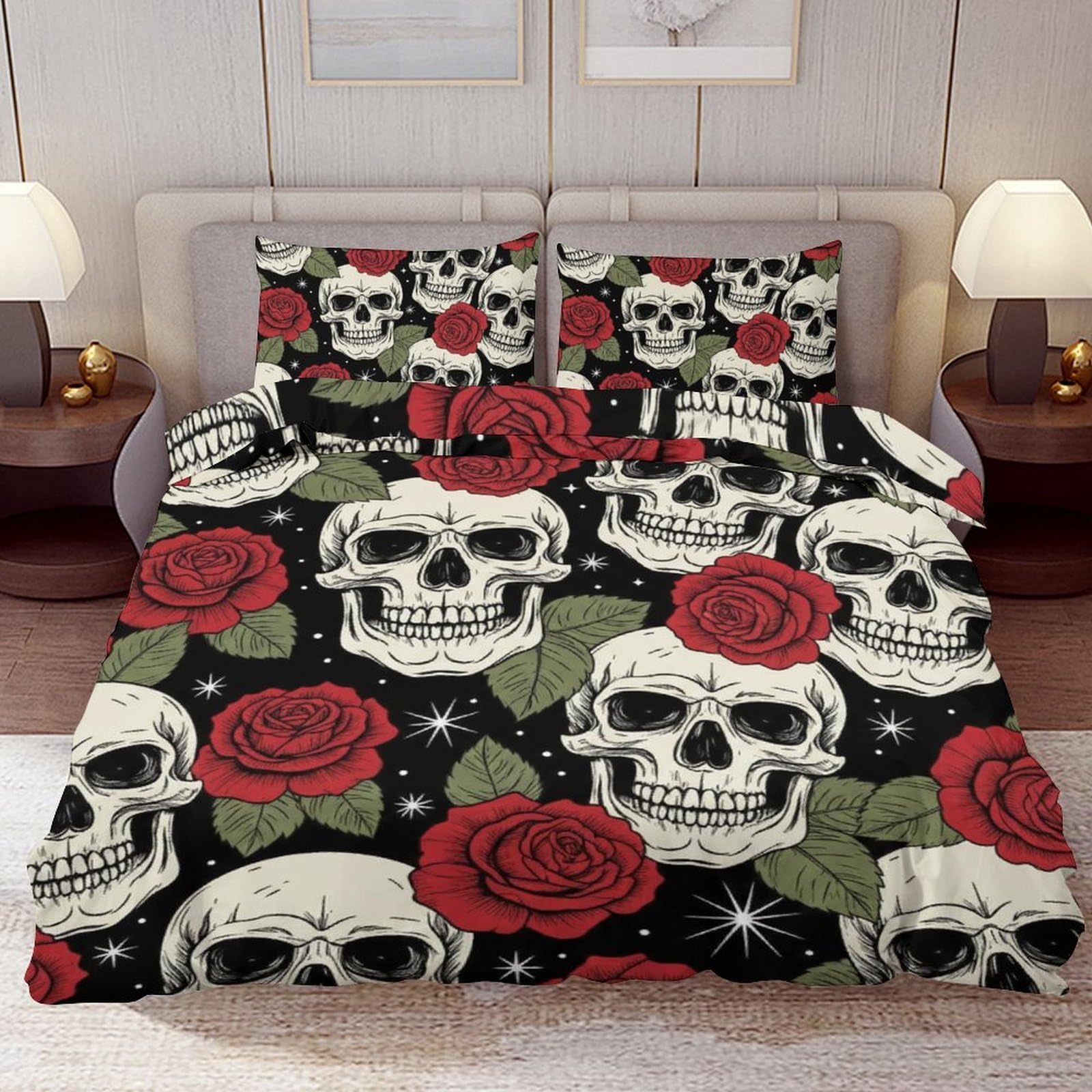 Delerain Comforter Cover Set Twin Size, Romance Rose Skull 3-Piece Bedding Set for Boys Girls Teens Modern Soft Microfiber Bedroom Set Room Decor, 1 Duvet Cover + 2 Pillowcases