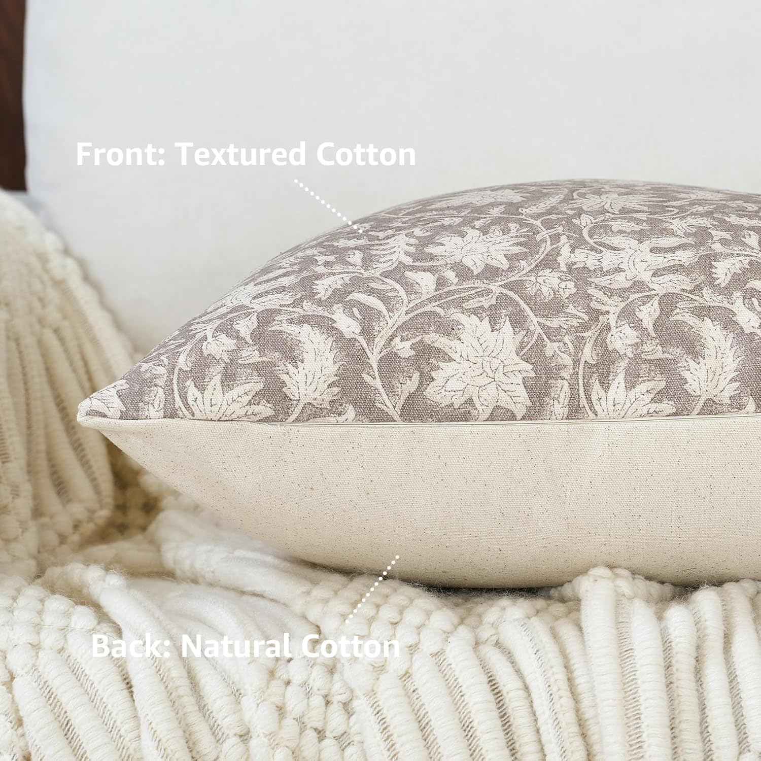 floral throw pillow covers 18x18 farmhouse block print pillow covers decorative pillow covers couch pillows for living room vintage accent sofa pillows set of 2, taupe grey taupe grey 18" x 18" (pack of 2)