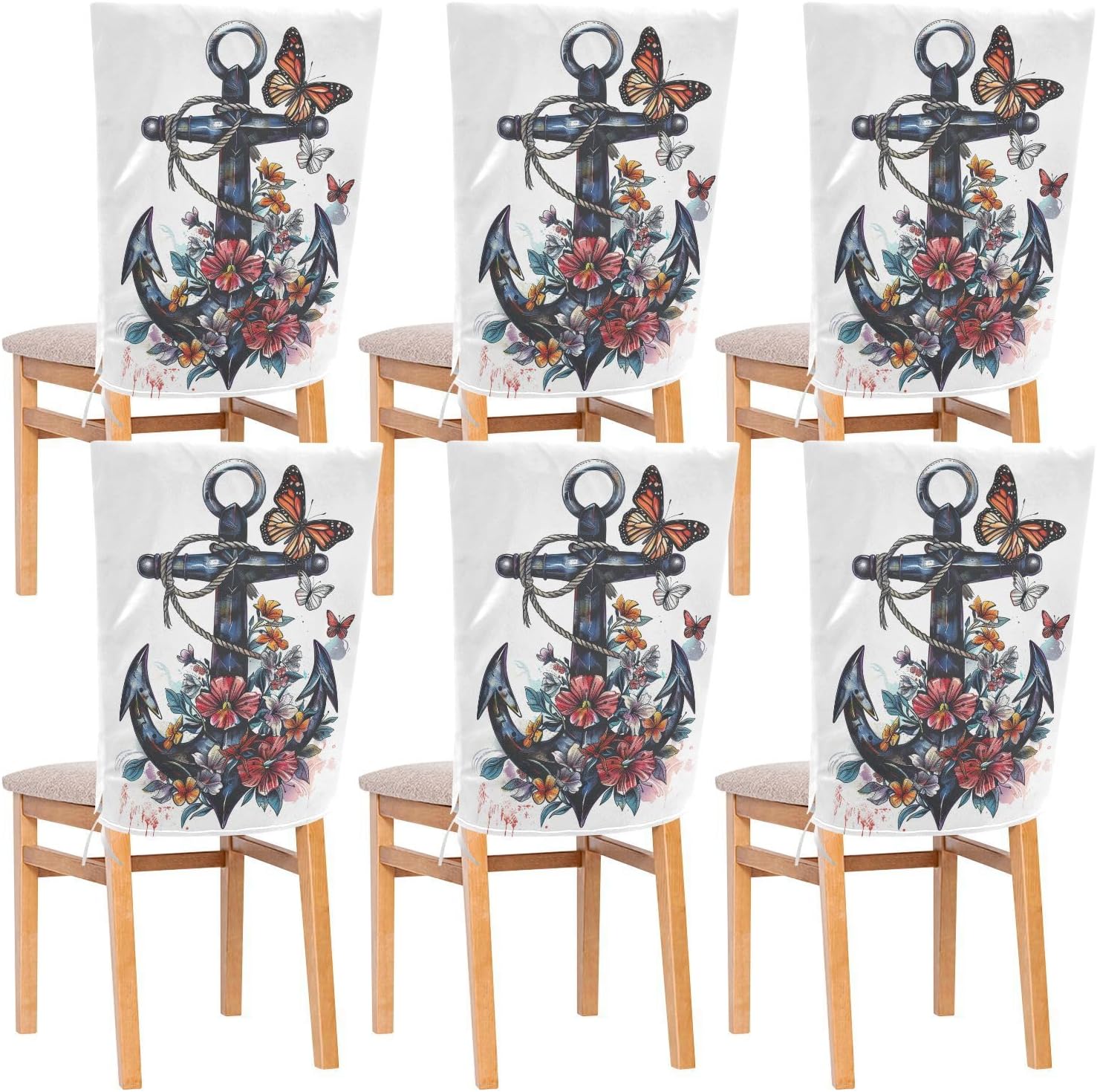 ALAZA Butterfly Flowers on The Nautical Anchor Chair Back Cover Set of 6, Washable Reusable Removable Chair Slipcovers Decorative Chair Cover for Home Kitchen Wedding Party