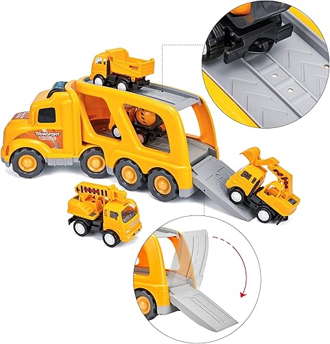 Miniatura 3 de Vehículos de dibujos animados camión transportador de auto de transporte 5 en 1 camión de transporte de doble capa alimentado por fricción 4