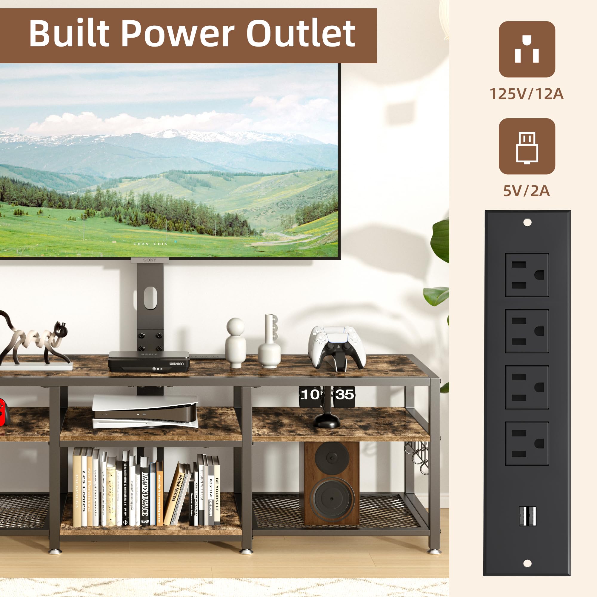 VECELO 63" TV Stand with Mount and Power Outlets, Entertainment Center Console with Open Storage Shelves, Height Adjustable Mount up to 75”, Wooden Table and Metal Frame for Living Room, Rustic Brown