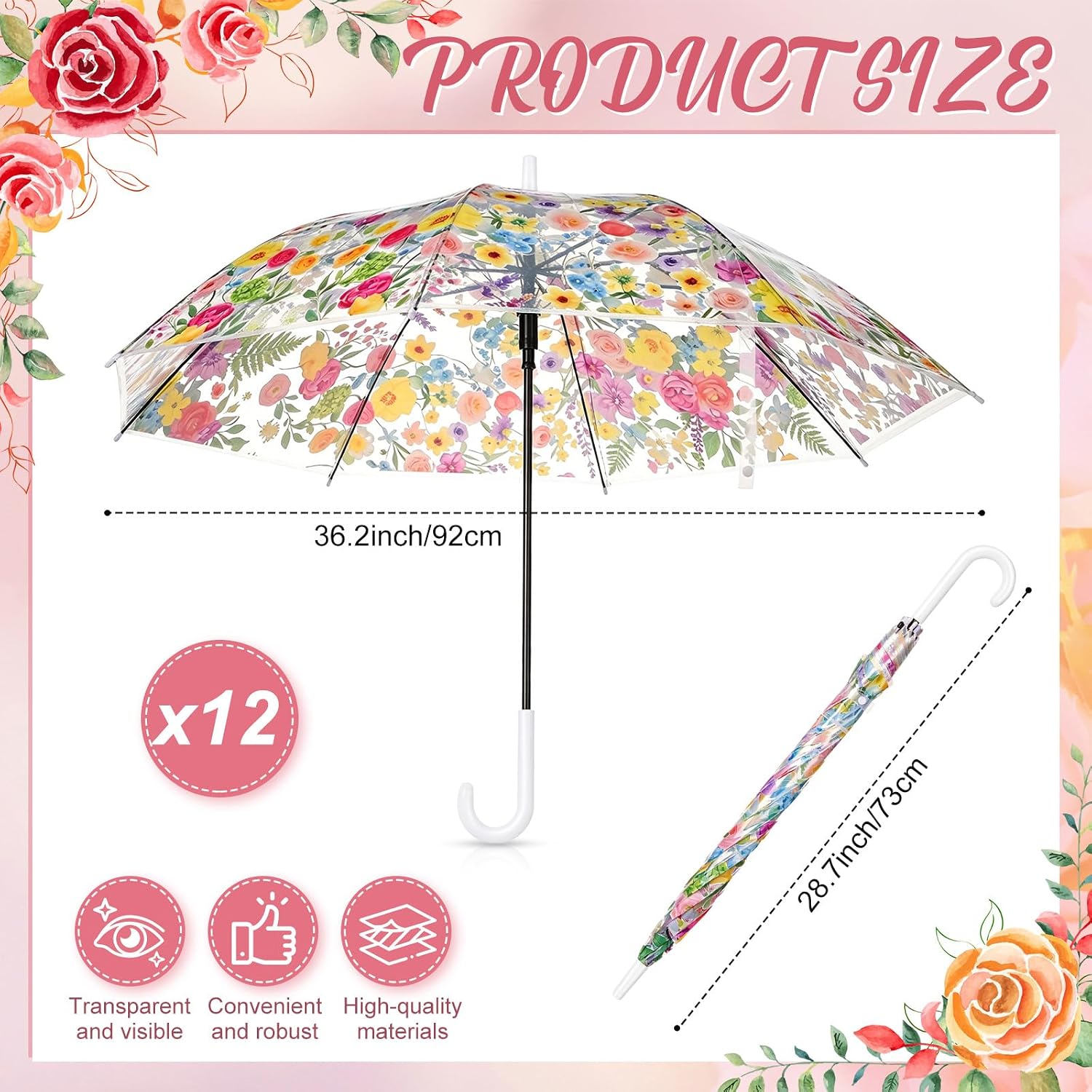 12 Pcs Clear Wedding Umbrellas Bulk Large Bridal Gift Floral Umbrellas Transparent Travel Weddings Umbrella for Guests Kids Bubble Umbrella for Wedding Bridal Showers Tea Party Decor