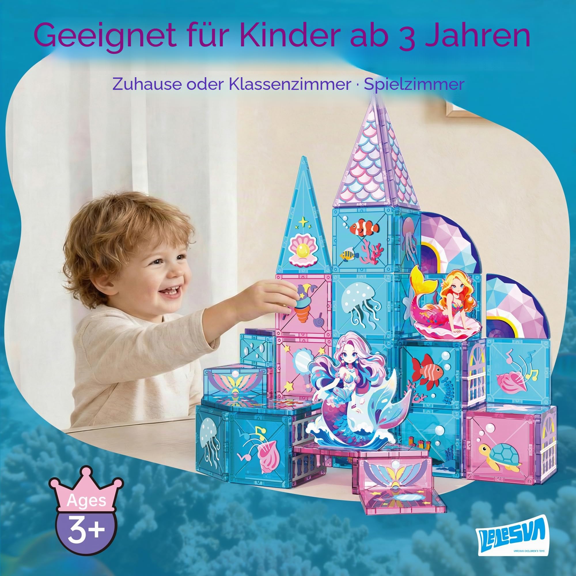 Magnetische Meerjungfrau-Fliesen-Bauset, 51-teilig, magnetisches Konstruktionsspielzeug für Jungen und Mädchen, Geschenk im Alter von 3, 4, 5, 6, 7 Jahren, STEM pädagogische Magnetblöcke für kreatives