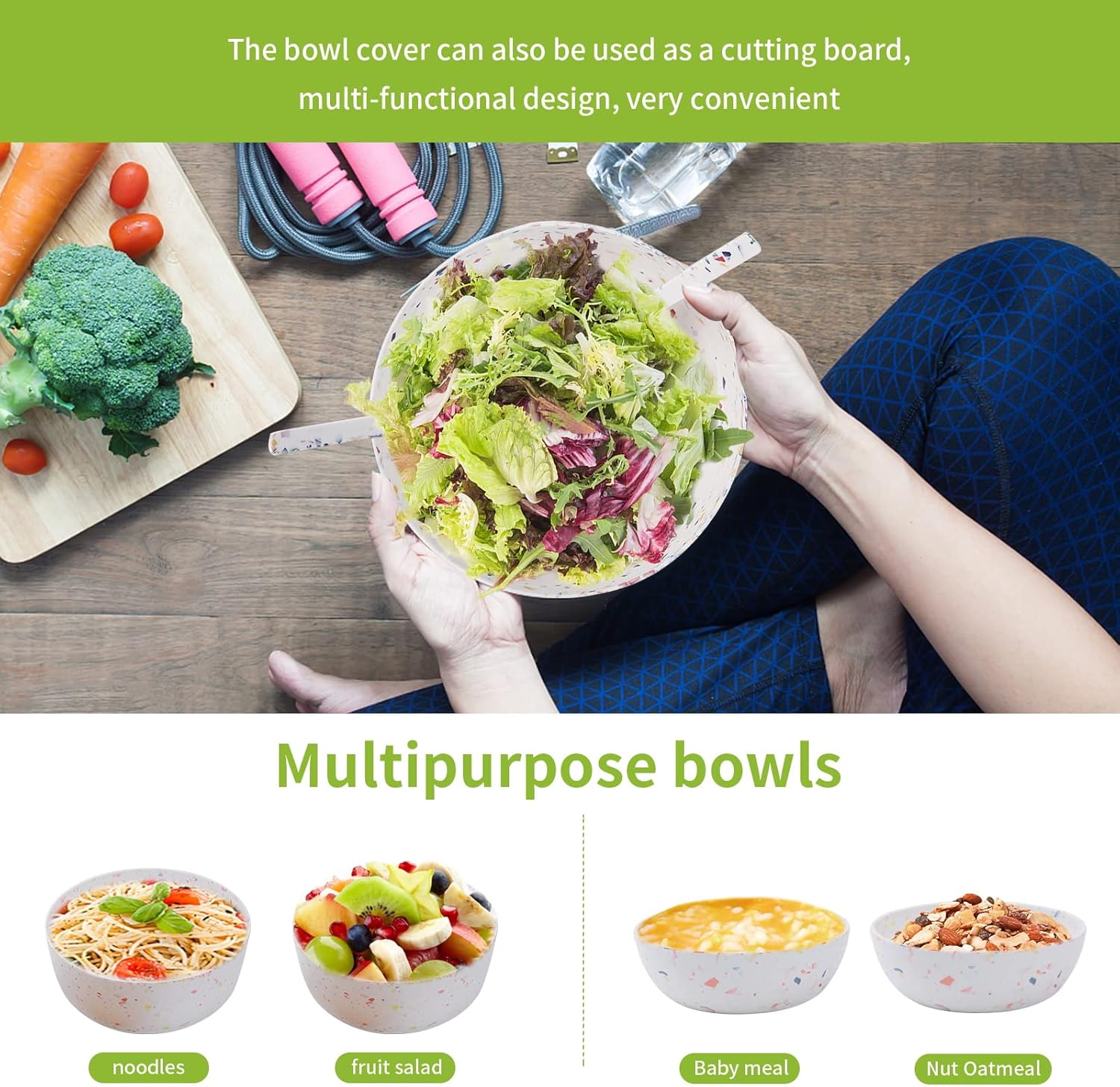 ECOWAY Melamine Salad Bowl, Bamboo Fiber Salad Bowl Large with 4 Small Serving Bowls and Bamboo Lid Cutting Board with Handle and Silicone Seal Ring Perfect for Storage Salad Foods(Spots,9.8 Inches)