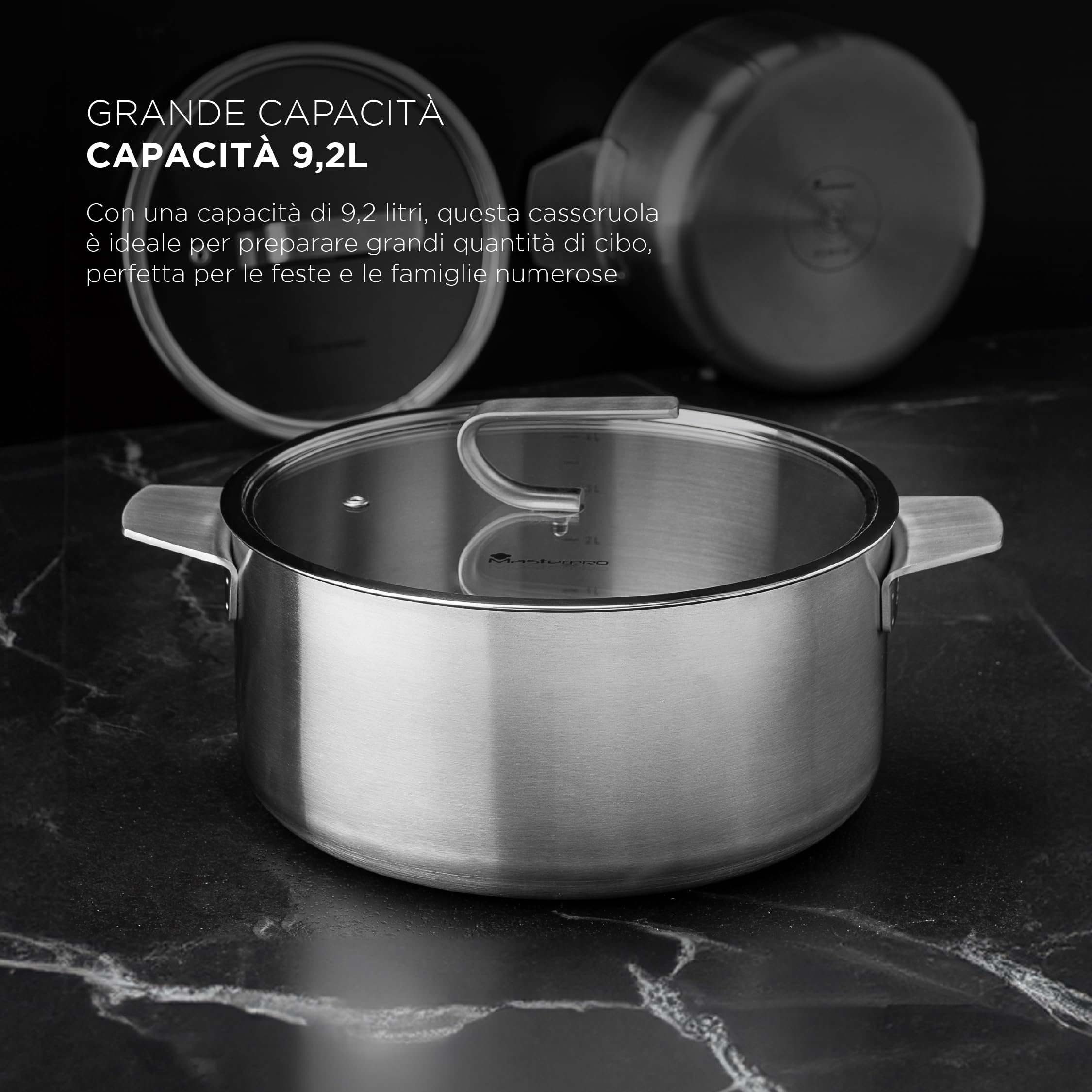 MasterPro SIGMA - Casseruola grande con coperchio 9,2L 28x15 cm in acciaio inox - multistrato - manico resistente - indicatore interno - adatta a varie fonti di calore