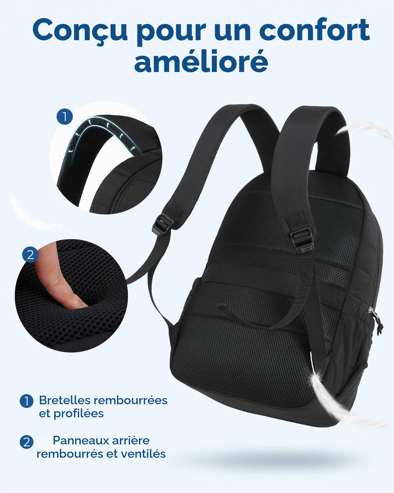 bagsmart Sac a Dos Femme,25L Sac a Dos Ordinateur Imperméable pour 15.6" Ordinateur Portable,pour Avion,Léger Voyage,Universitaire,Noir