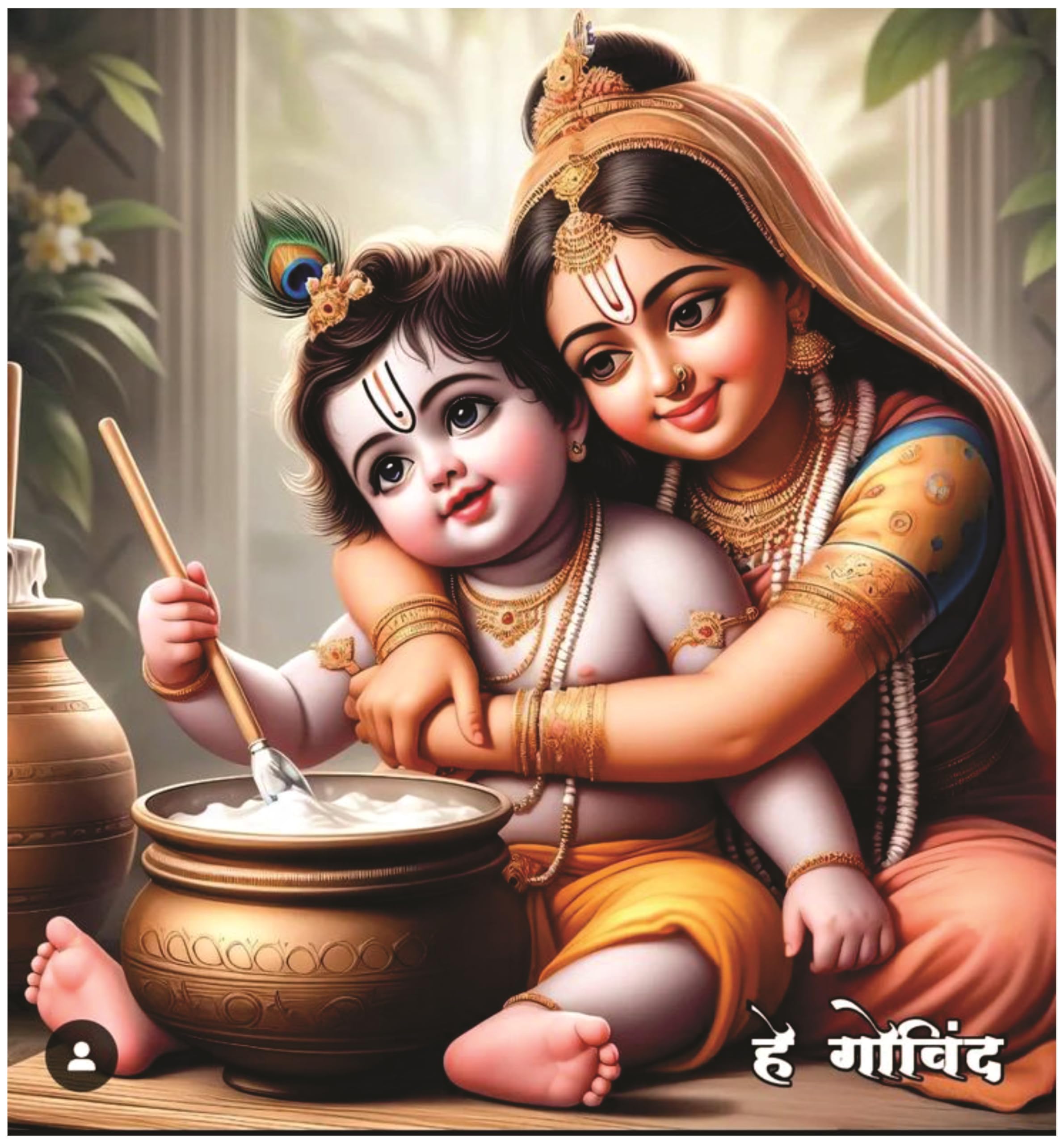 Omdecor Mahia Yashoda and Krishna Extracting Butter God Wall Poster For Pooja Room Living Room Office Size 45Cm X 45Cm