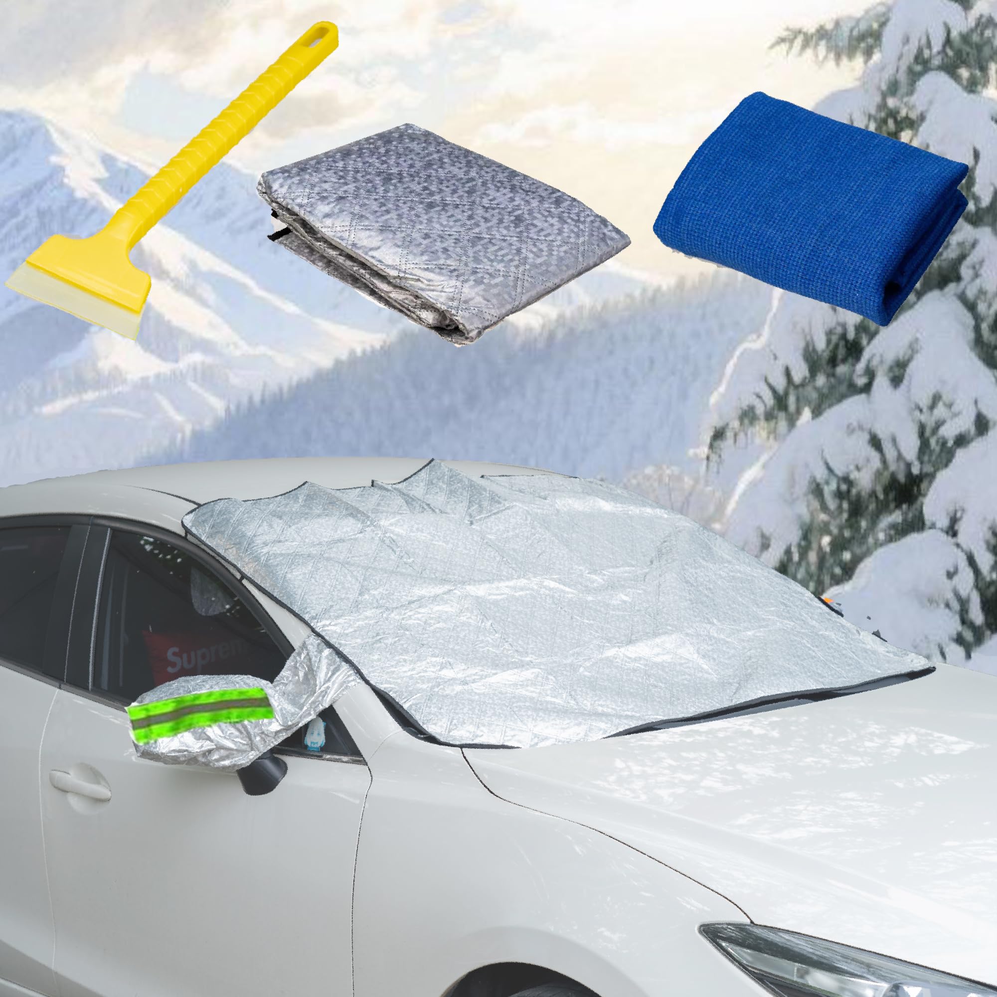 Housse de pare-brise de voiture, ultra-épaisse et pour toute la saison de protection contre les rayonnements, le soleil, la neige et le gel, 9 aimants pour protection des vitres de voiture, 190 cm x