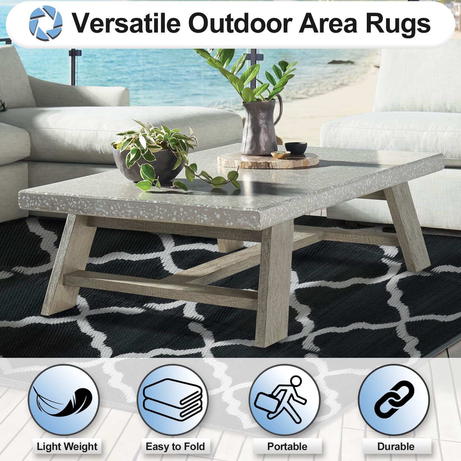 OutdoorLines Dywaniki zewnętrzne na patio 1,2 x 1,8 m – dwustronny dywan zewnętrzny, odporne na plamy i promieniowanie UV, plastikowy dywan słomkowy na kemping, do ogrodu, werandy i balkonu,