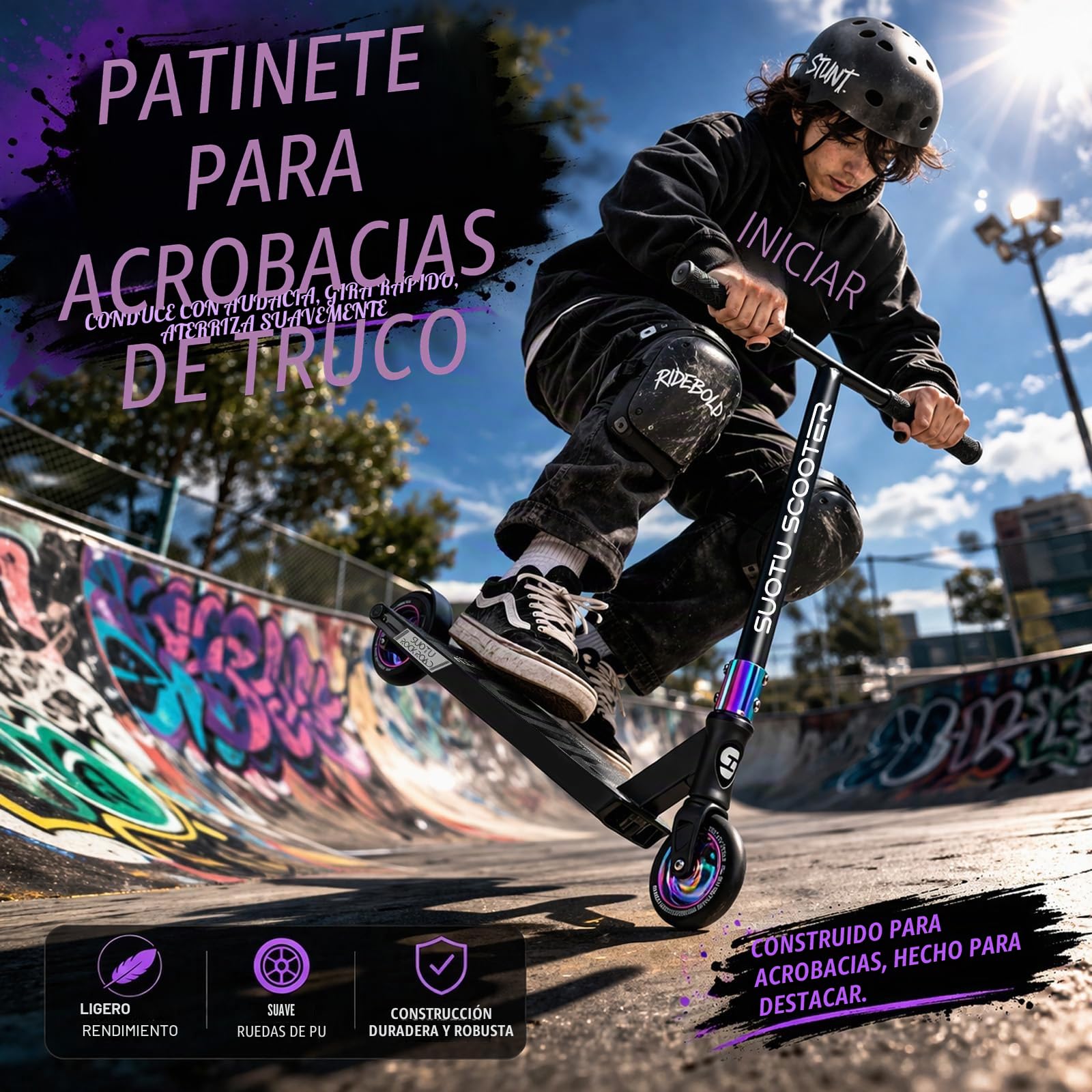 Patinete Freestyle, Dirección de 360°, Ruedas de PU de 85A 100 mm, Scooter Freestyle para Niños Adolescente y Adultos, Capacidad Máxima de Carga: 100 kg, Aluminio
