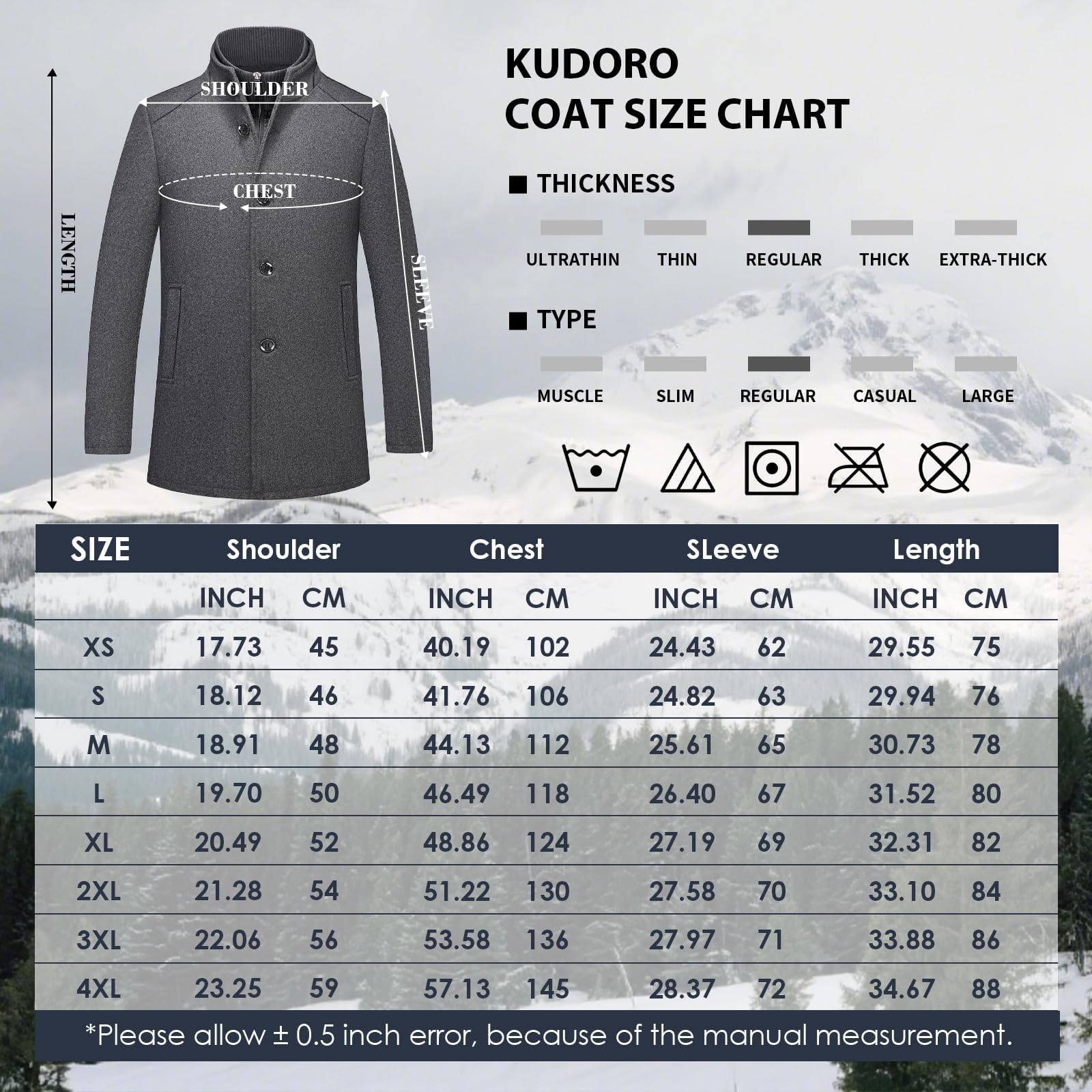 KUDORO Manteau Homme Mi-Long en Laine Chaud pour Hiver Col Montant Trench Coat Classique Parka Pardessus Caban Slim Fit Coup-Vent