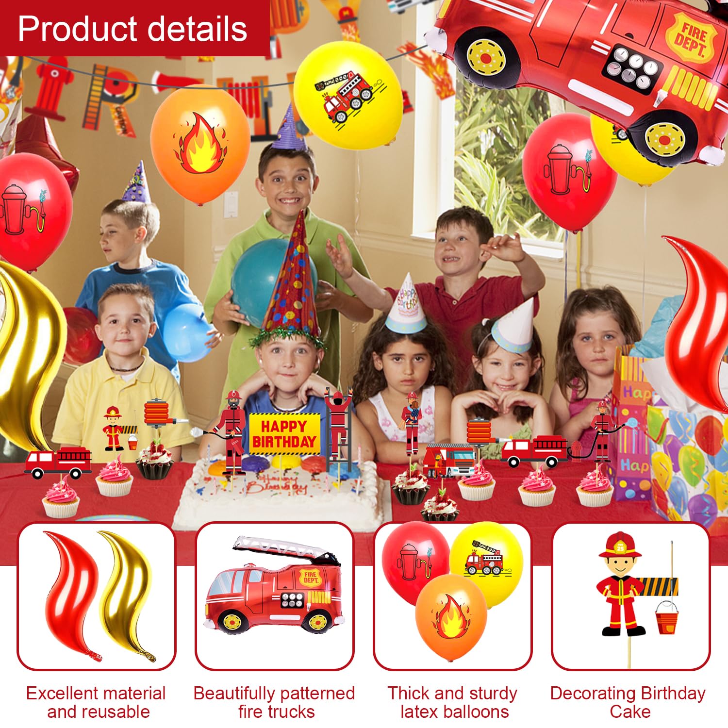 9 Pezzi Decorazioni Compleanno A Tema Vigili Del Fuoco - Camion, Caschi E Estintori - Foto 7