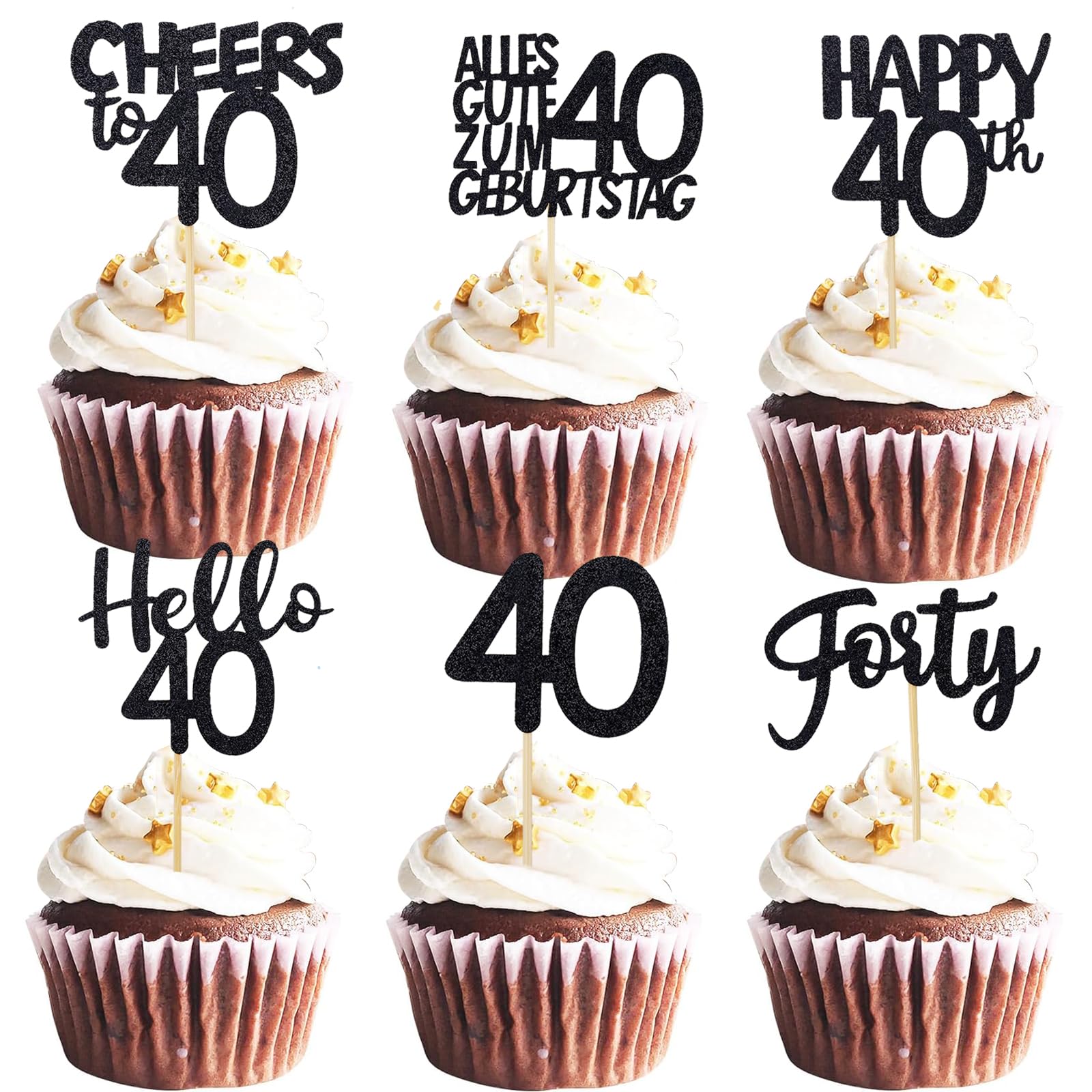 ALEGRE Cupcake Deko 40 Geburtstag,24 Stück Tortendeko 40 Geburtstag Mann Frau,Schwarz Muffin Deko 40. Geburtstagdeko,Cheers to 40 Cupcake Topper 40. Geburtstagdeko,Happy 40th Kuchendeko 40
