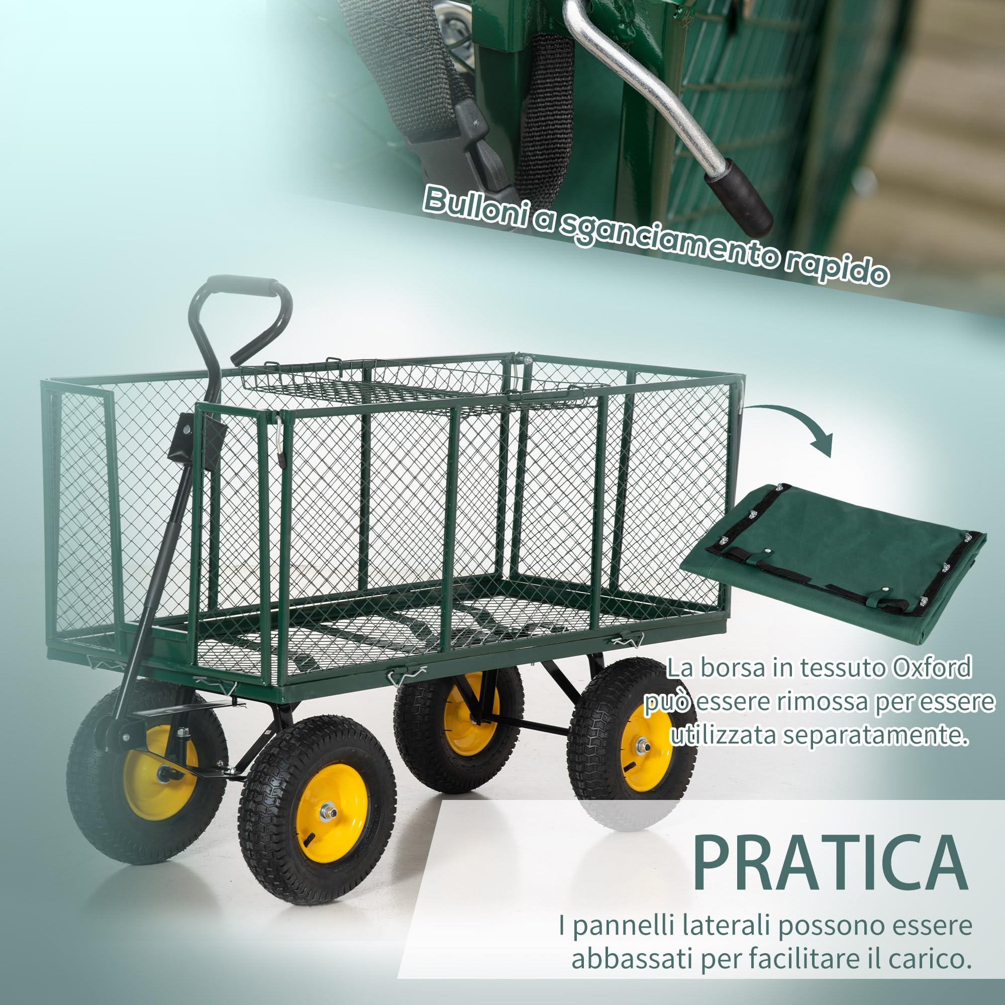 Outsunny Carrello da Giardino 342L con Maniglia Pareti Laterali Ribaltabili e 4 Ruote, 138x57x84cm, Verde