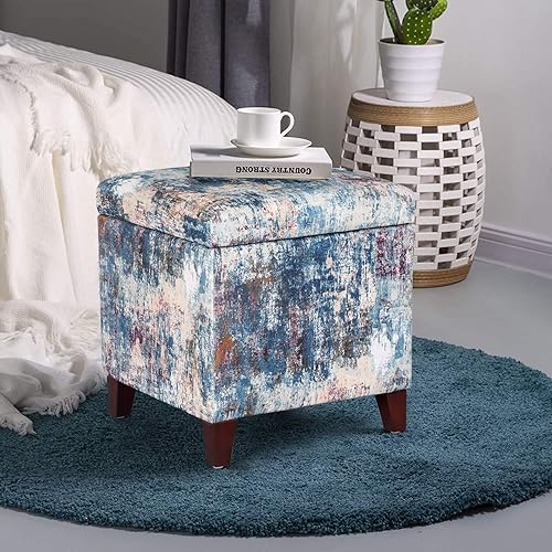 Miniatura 26 de Homebeez Taburete otomano de almacenamiento con reposapiés otomano con tapa con bisagras/patas de madera (flor 2) Flor-2,Beige,Con