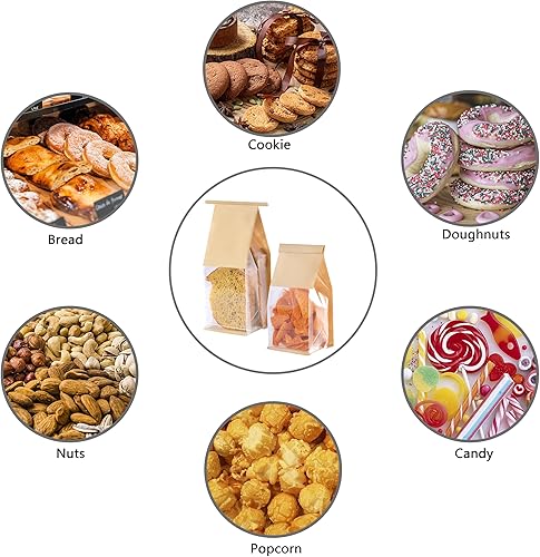 Miniatura 5 de Paquete de 50 bolsas de galletas, pequeñas bolsas de panadería con ventana, bloqueo de pestaña de lata, ideal para magdalenas, granola casera,