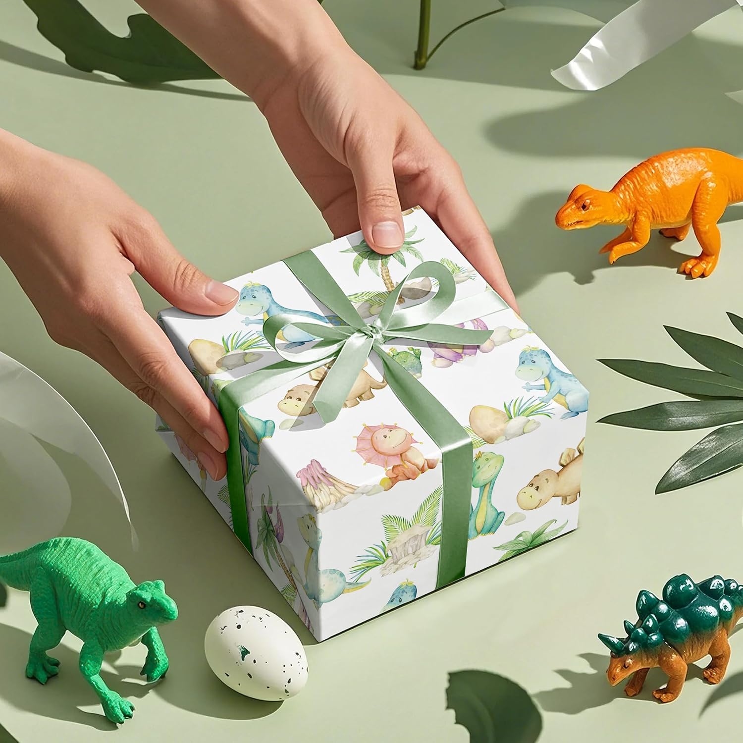 WRAPAHOLIC Dinosaur Baby Shower Wrapping Paper - Mini Roll - 17 Inch x 16.5 Feet - Watercolor Dinosaur Wrapping Paper for Baby Shower, Boys Birthday, Baptism Gift Wrap
