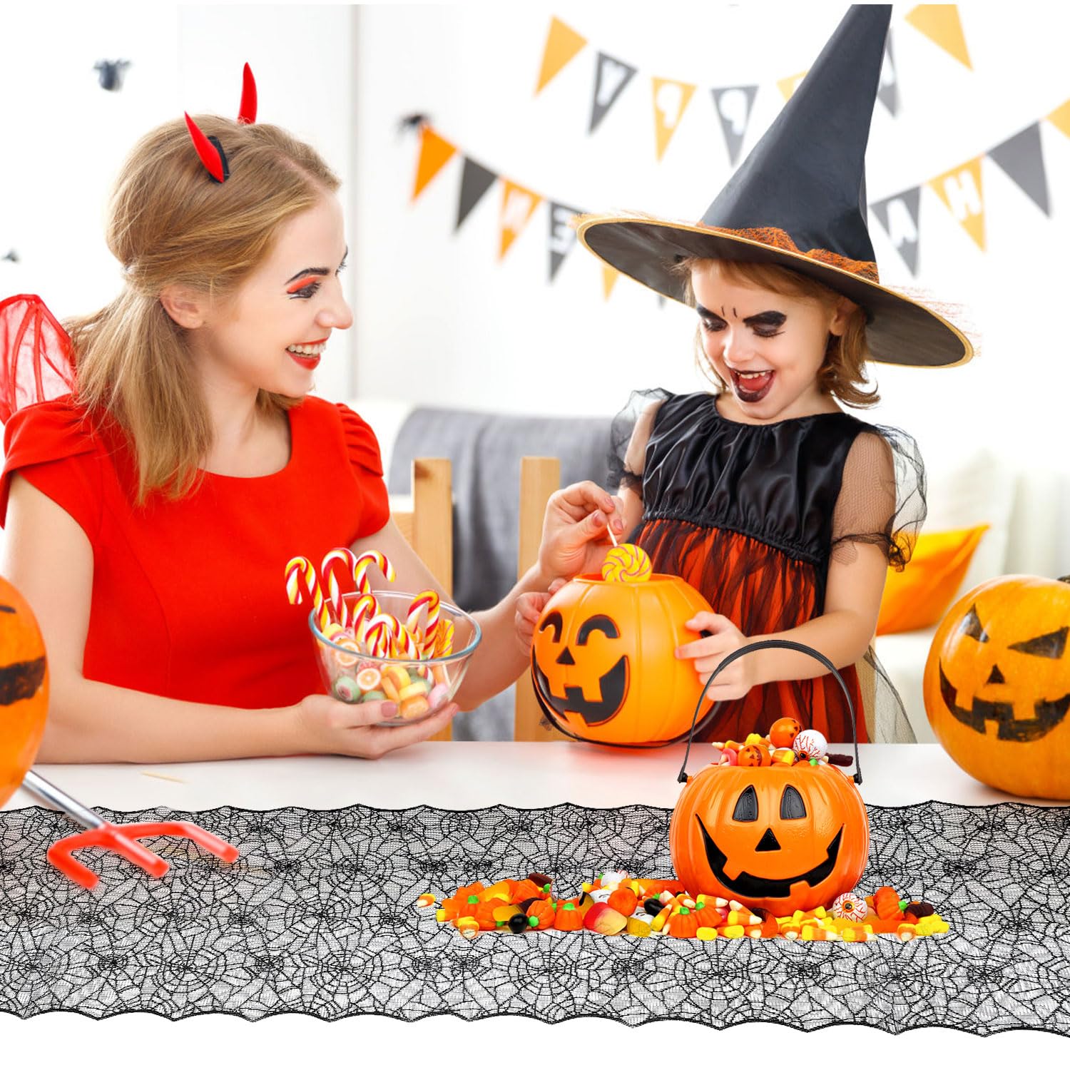 Bieżnik na stół na Halloween, czarna koronkowa pajęczyna bieżnik na stół na Halloween, 45 x 183 cm, gotycki koronkowy bieżnik na stół, dekoracja stołu, dekoracja stołu na Halloween