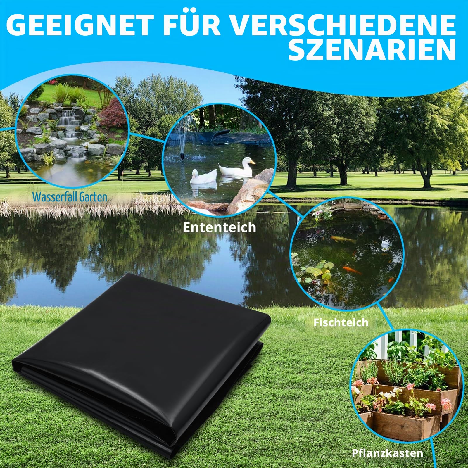 6x6m Teichfolie,Teichwanne Stärke 0.5mm-HDPE Schwarz Teichplane Dichtungsfolie Teichmembran Schwimmteich Folie,für Fischteiche, Brunnen, Wassergarten und Wasserfall,Gartenteich
