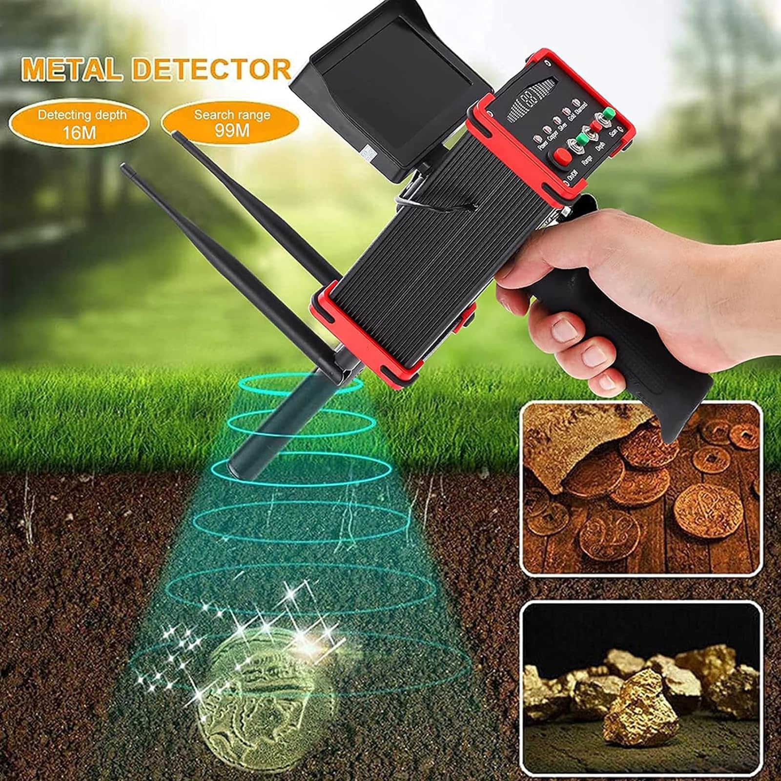 Détecteur de métaux avec écran LCD, portée de balayage de 100 m, détection de profondeur de 16 m pour la chasse au trésor or, argent, cuivre, idéal pour les aventures en plein air