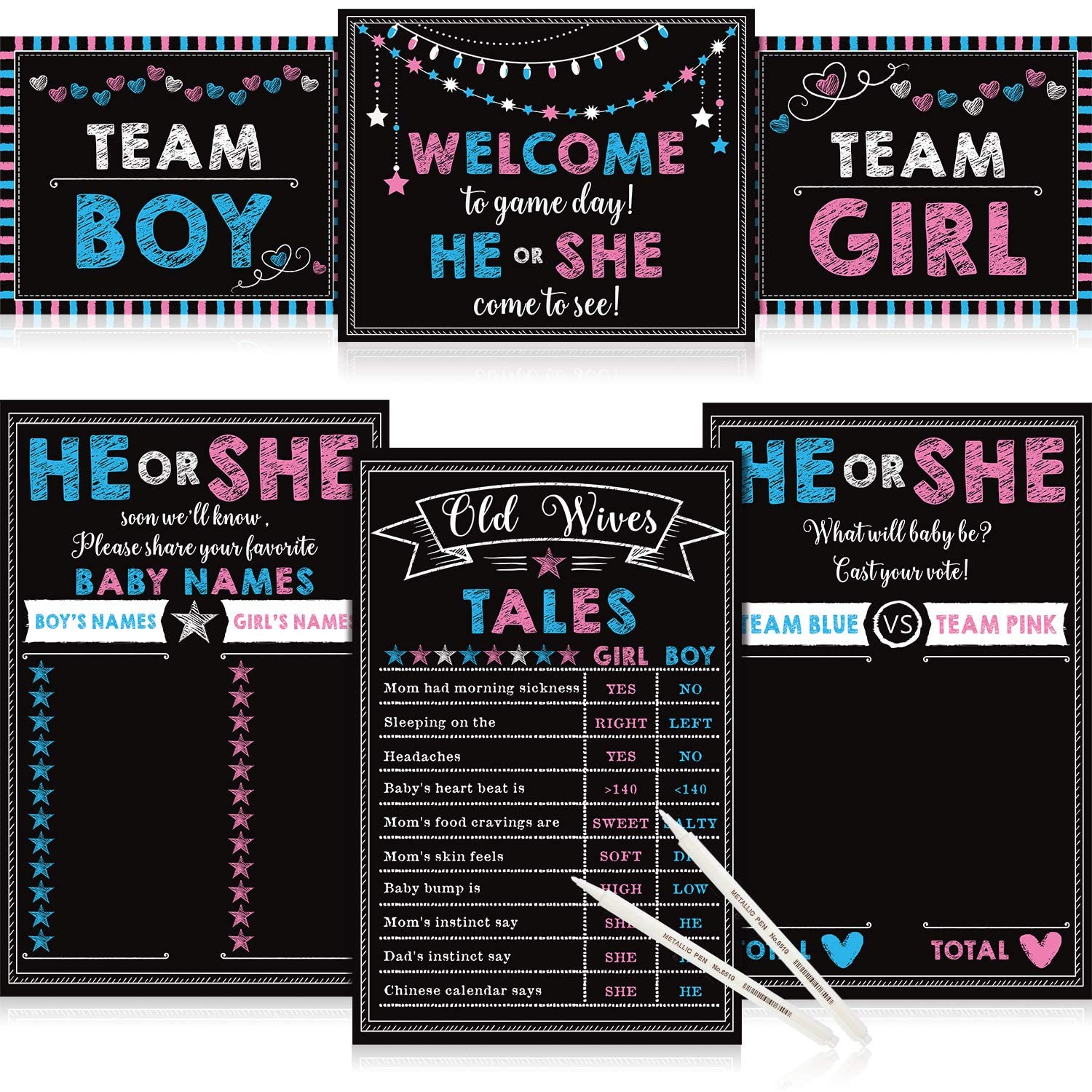 KASTWAVE Baby Gender Reveal Board, Party Supplies Kit with Decorations Games Gender Reveal Voting Poster Board with 2 Pieces Erasable Marker, Chalkboard Design Party Games Kit