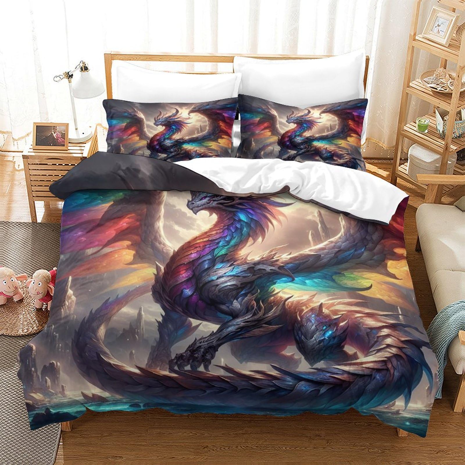 TNFHSOFT Flying Dragon Bedding Set Duvet Cover Soft Microfiber Pillowcase Quilt Cover with 3DPrinted With Zipper Closure ，Cool Animals Design for Kids Teenagers Adult Super King（260x220cm）