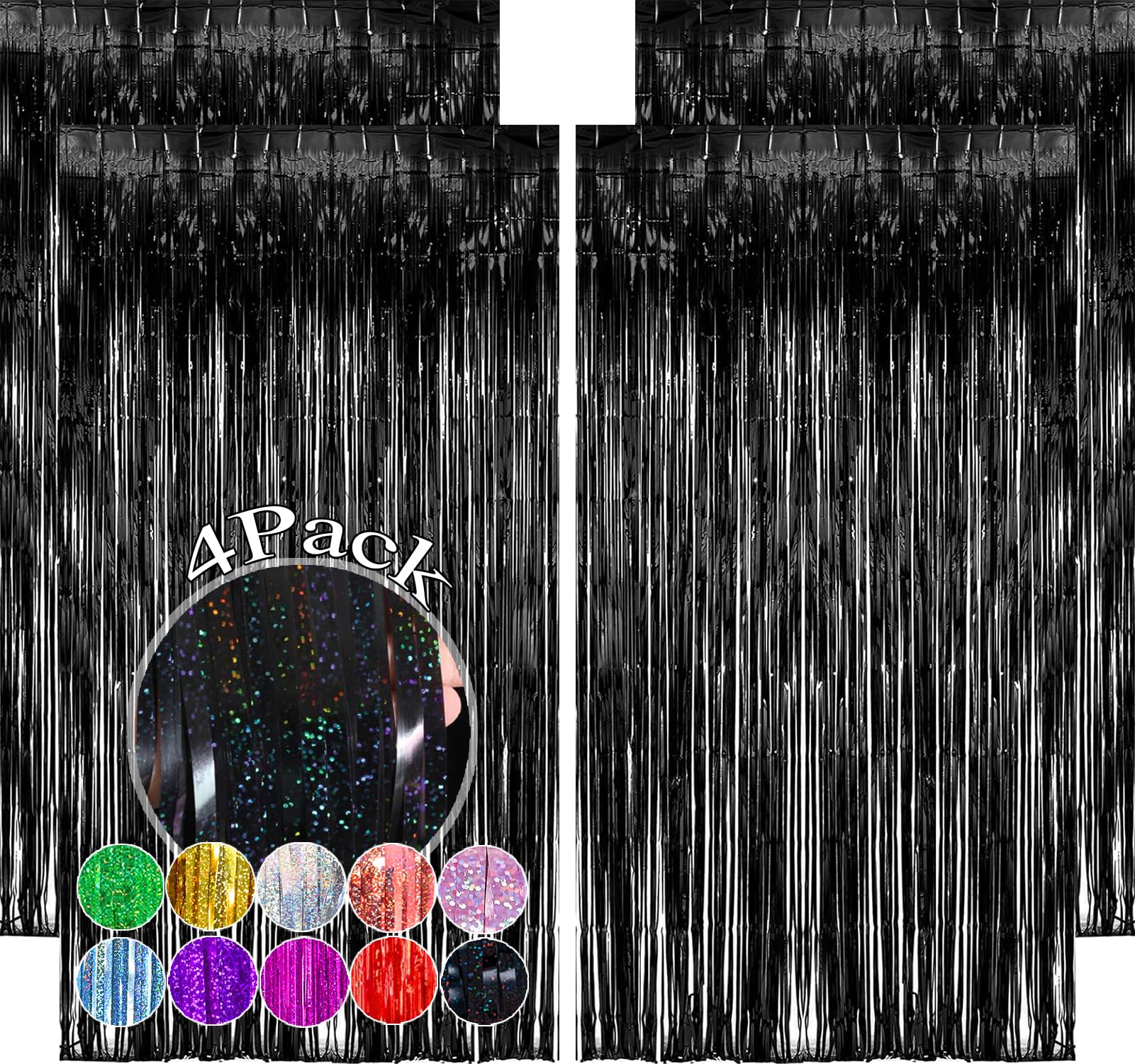 4 Pack Black Foil Fringe Curtains, Slmeno Glitter Black Tinsel Backdrop 3.3x8.2ft, Metallic Fringe Backdrop Party Streamers for Birthday Halloween