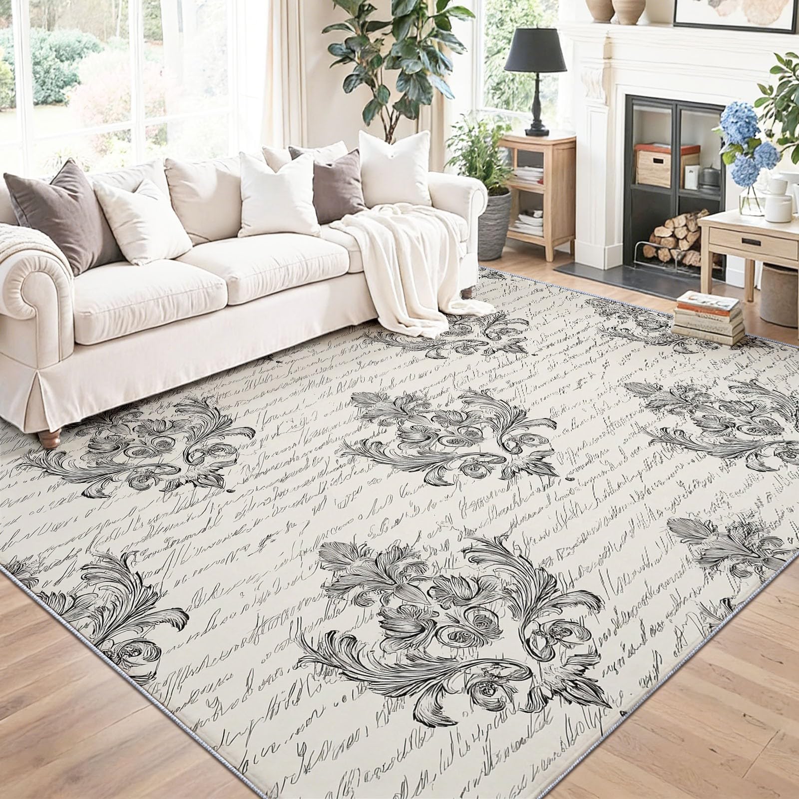 Retro Handbemalt Botanisch Teppich 120 x 170 cm Schwarz Wohnzimmerteppich Schlafzimmerteppich Waschbarerteppich Rutschfester Teppich für Küche Esszimmer, Pflegeleicht & Langlebig,