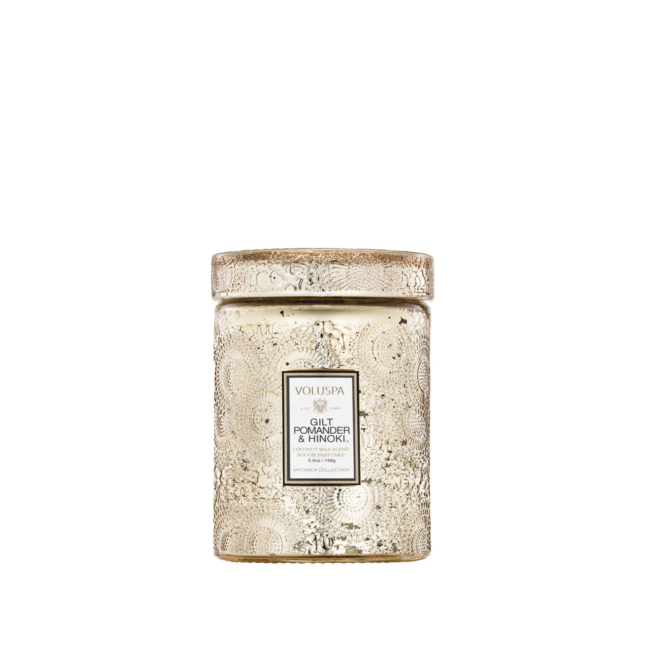 Voluspa Gilt Pomander & Hinoki Candle | Small Glass Jar | 5.5 Oz. | 50 Hr. Burn Time | All Natural Wicks and Coconut Wax for Clean Burning | Vegan