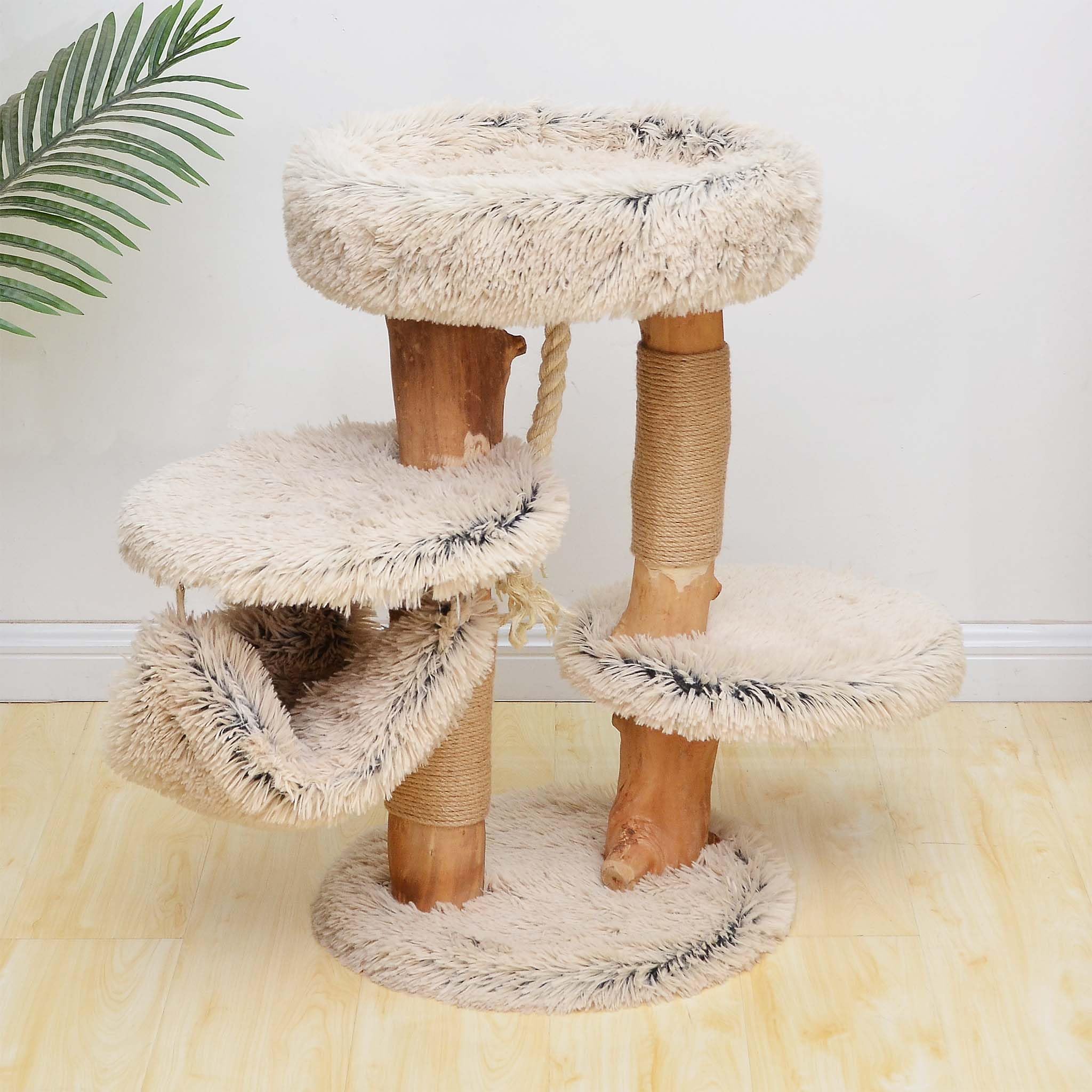Fudajo Árbol rascador de diseño para Gatos 87,5cm con hamacas, Peluche y Troncos de Madera de peral