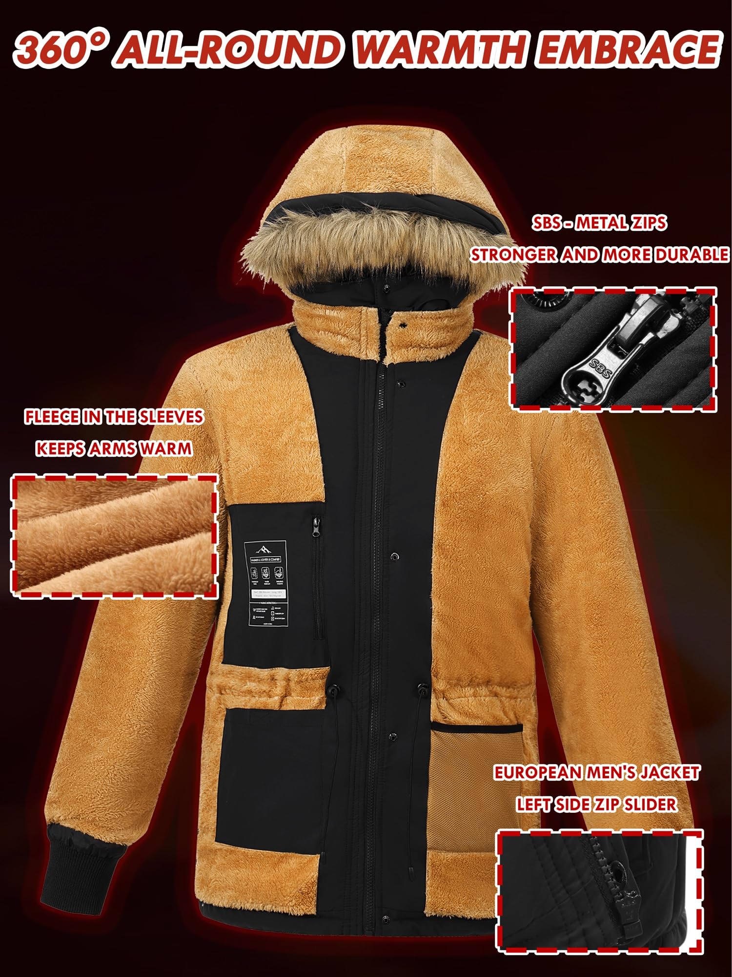 Herren Fleece Winterjacke Übergangsjacke Arbeitsjacke Parka | Gefüttert, Abnehmbare Kapuze, Verstellbare Zugbänder Taille & Saum, Mehrere Praktische Taschen, ohne Überflüssige Lederlabels