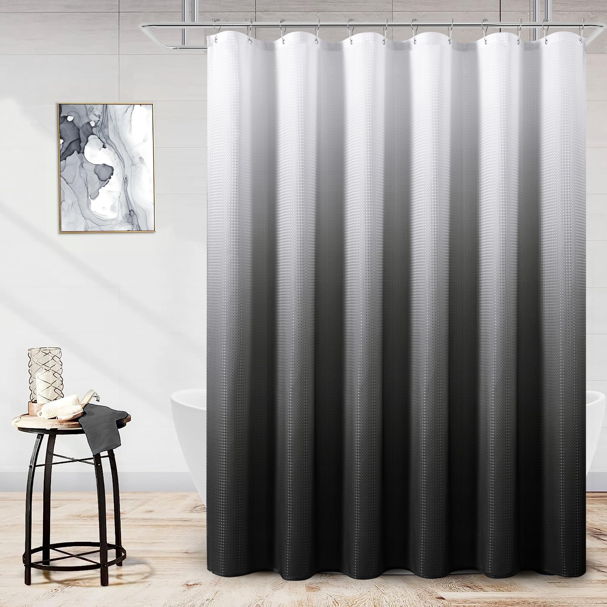 Naturoom Gray Shower Curtain, Dark Grey Waffle Fabric Bath Curtains for Bathroom Hotel Grade Cloth Shower Drape Liner Simple Modern Bath Curtain for