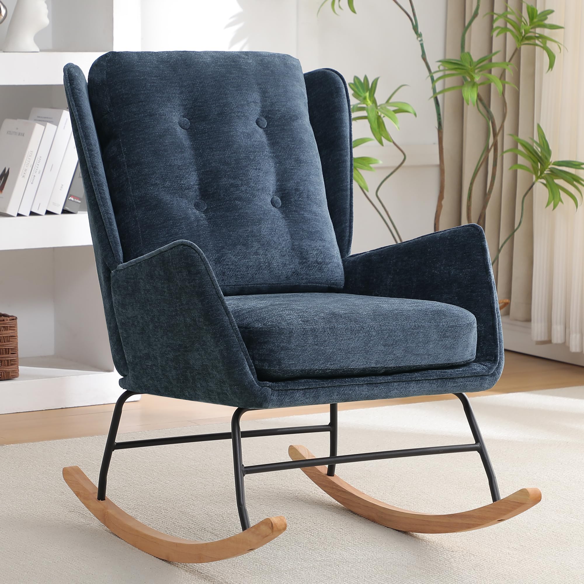 Nursery Rocking Chair, Comfy Rocker Armchair for Nursery, Modern Nursing Glider Rocking Chair Indoor with High Backrest for Living Room, Bedroom, Baby Room, Navy Blue