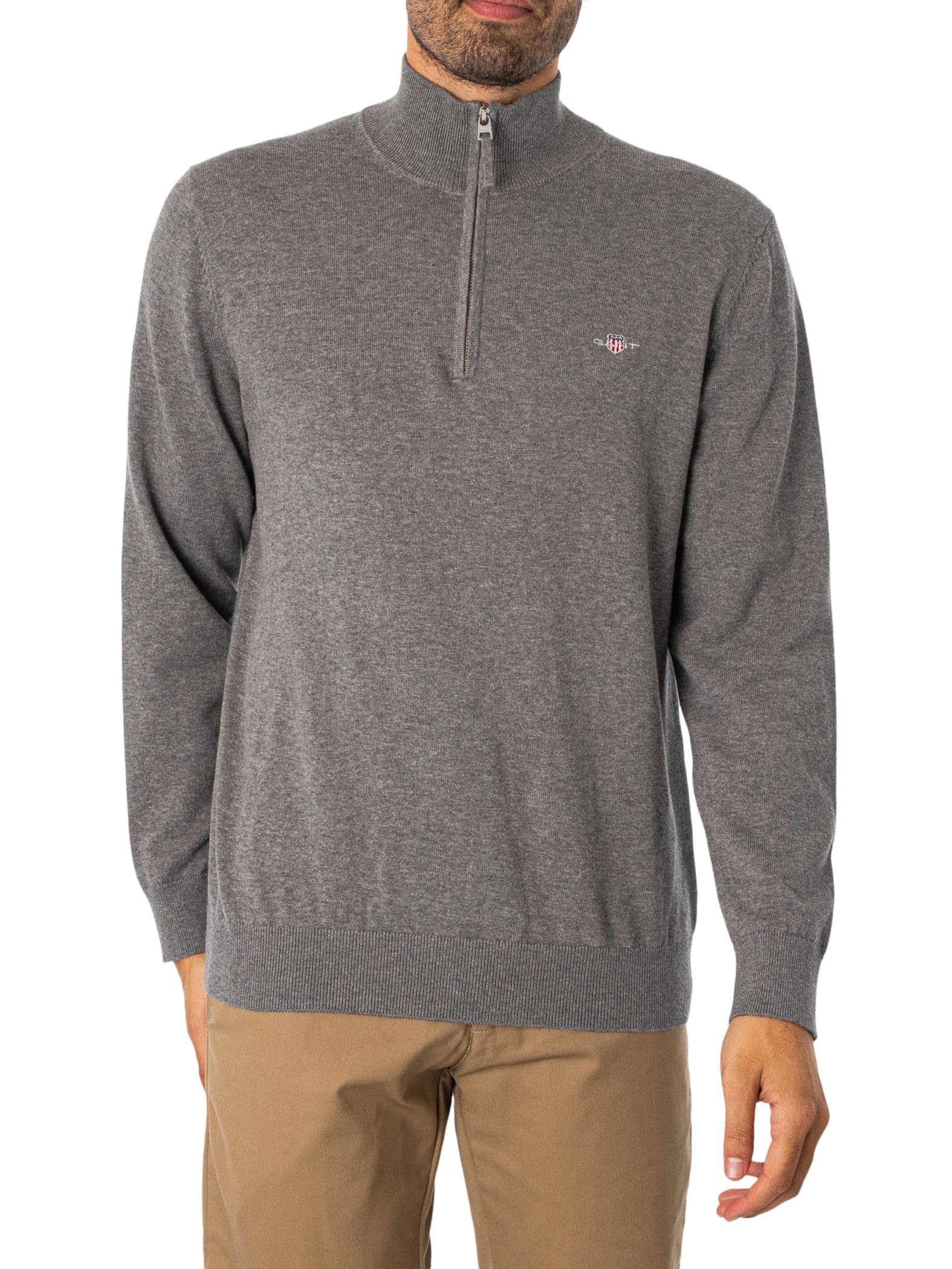 GANT Mens Cotton Half Zip Sweater Grey Melange XXL