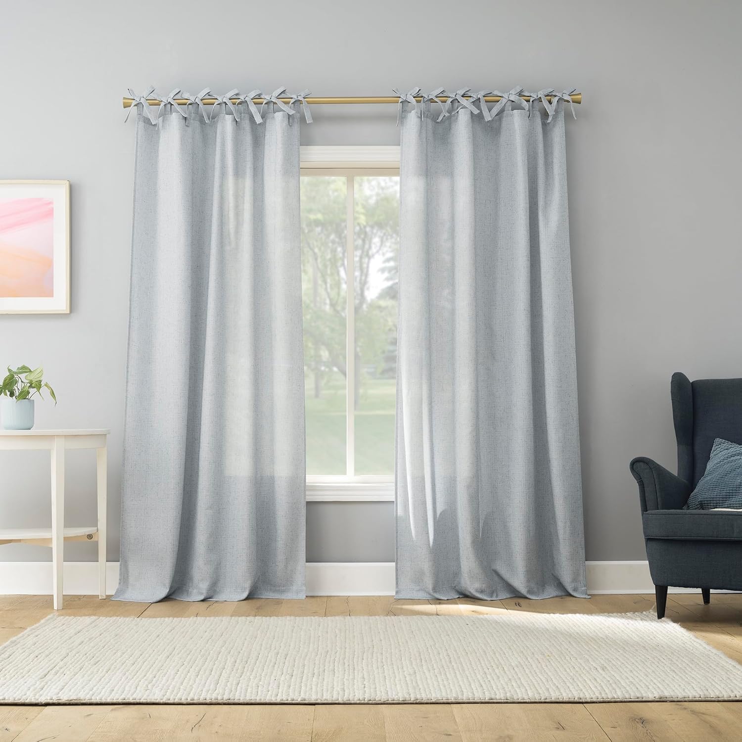 Sun Zero Roxy Generation Slub Texture Tacked Bow Semi-Sheer Tie Top Curtain Panel, 50" x 84", Faded Blue