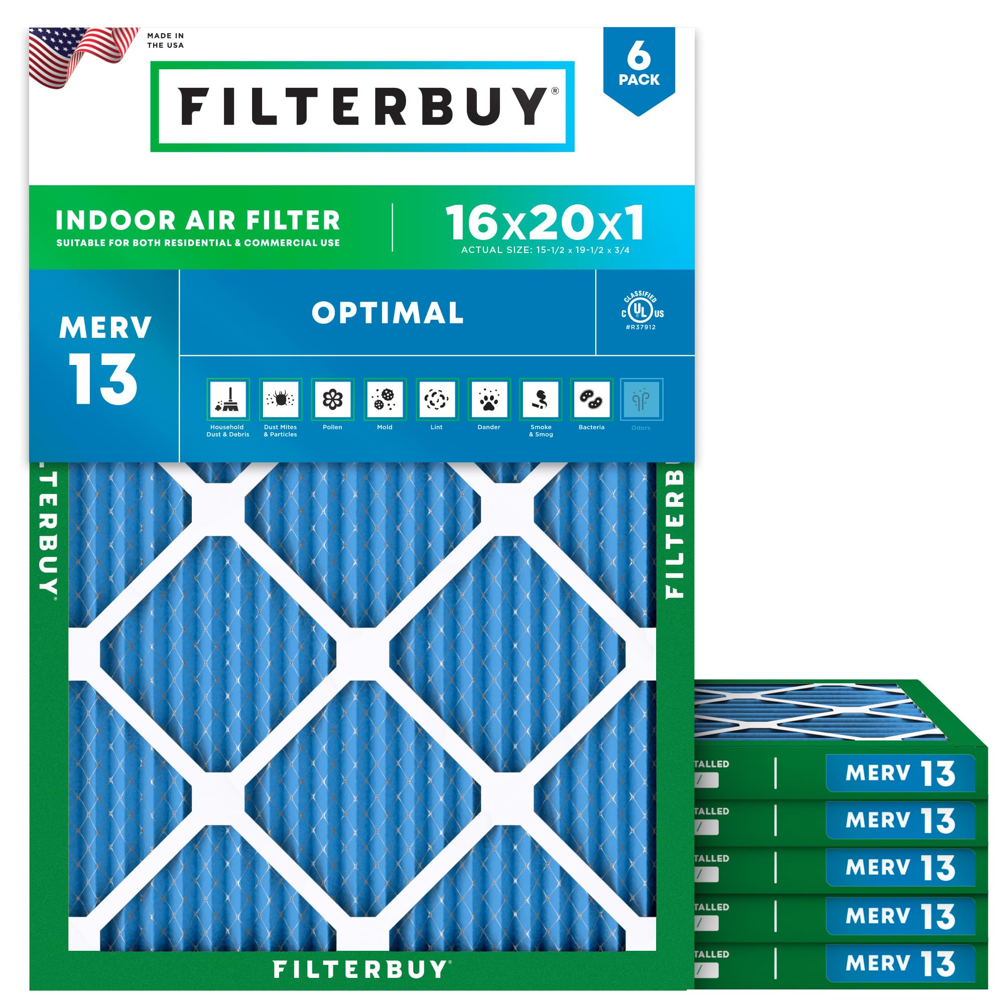 Filterbuy 16x20x1 Air Filter MERV 13 Optimal Smoke & Allergy Defense (6-Pack), Electrostatic Pleated HVAC AC Furnace Filters Replacement, Made in USA