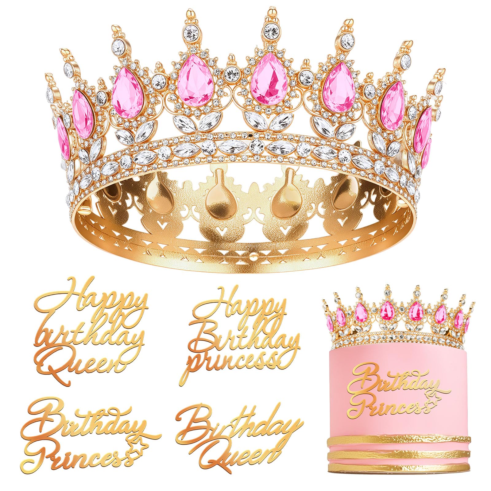 Corona di Compleanno per Torta per Donne e Ragazze Corona di Principessa Regina Tiara di Compleanno con 4 Decorazioni per Torta di Happy Birthday Princess Queen