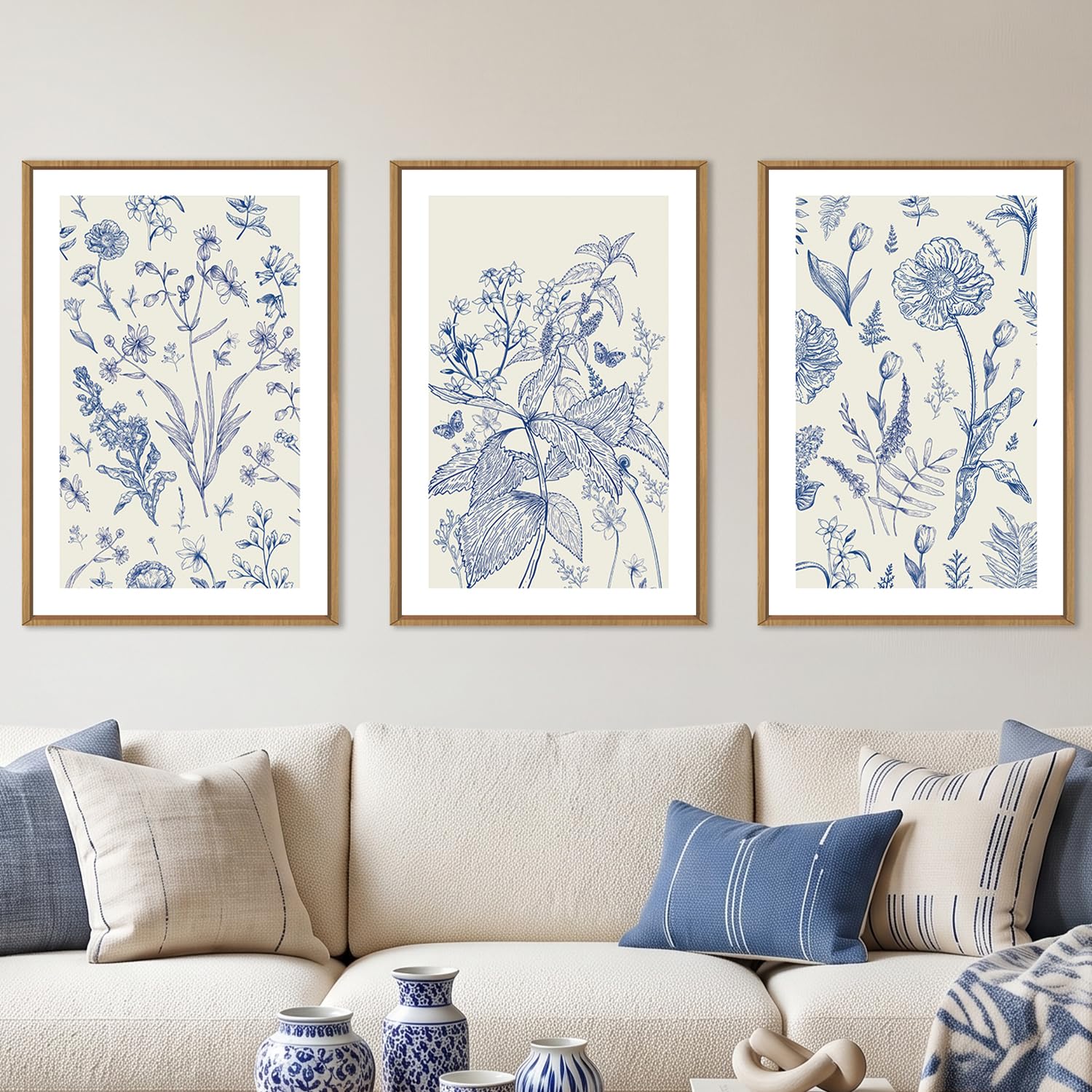 KAIRNE Blue White Chinoiserie Floral Framed Canvas Wall Art Set-24"x36"x3