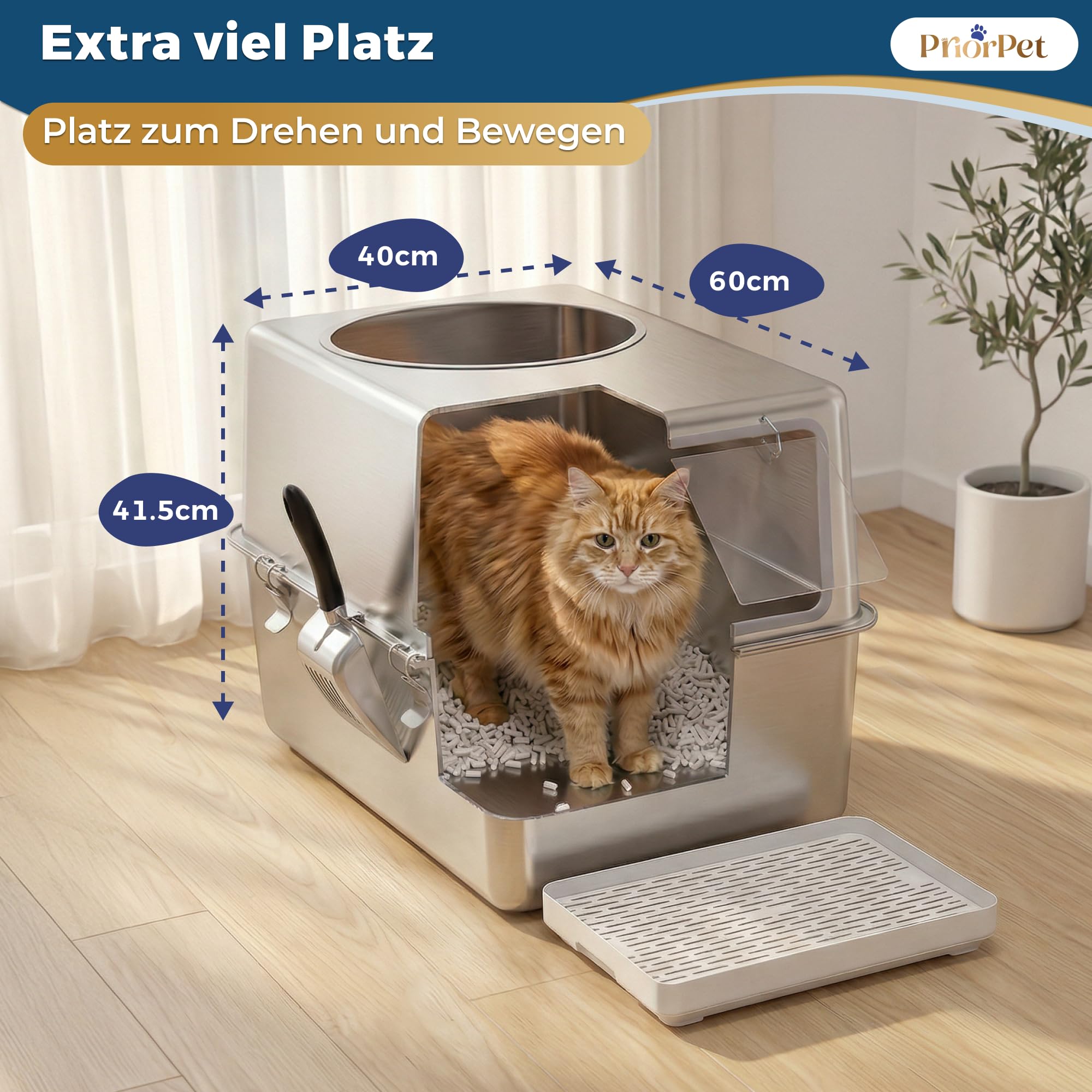 Katzenklo Edelstahl XXL mit Deckel – Katzenklo mit Frontklappe & Top-Einstieg – 38L Katzentoilette Edelstahl – 60x41,5x40 cm – Leicht zu Reinigen & Geruchsresistent mit Streufang-Stufe