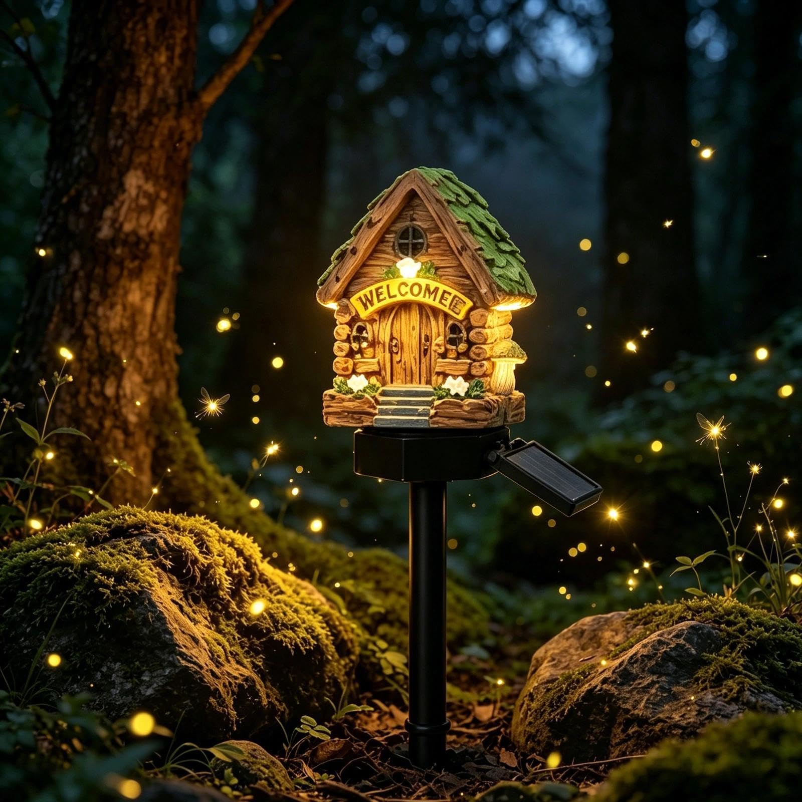 Introti Green Solar Mushroom Cottage Garden Light, Waterproof Led Fairy House Outdoor Lamp, Auto On/Off Resin Pathway Light For Patio Lawn Flower Bed Yard Decor