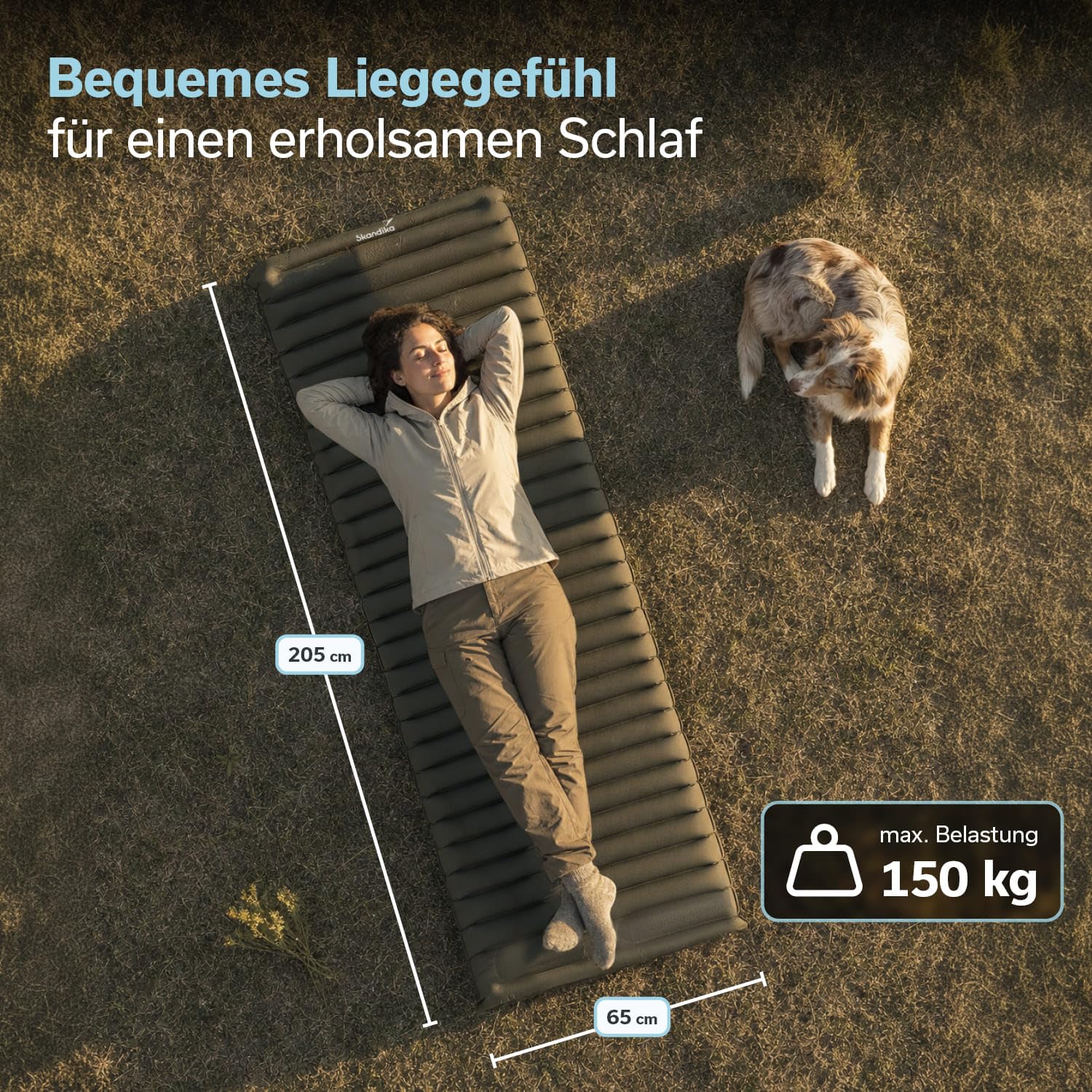 Skandika Luftmatratze Dromluft | aufblasbare Matratze, 205 x 65 cm, integrierte Fußpumpe, Druckknöpfe, wasserabweisend, 8 cm dick, kleines Packmaß, Tragetasche | für Camping, Outdoor, Wandern