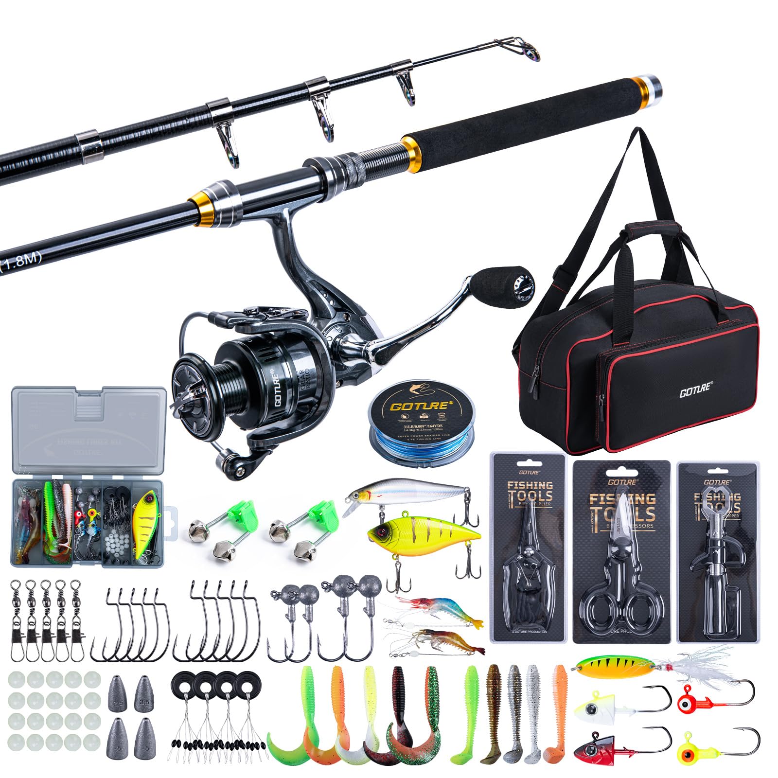 Goture Angelset mit 2 Teleskop-Angelruten, Angelrute Set Komplett 2 5.2:1 Spinnrolle (9+1 Bearing), Schnur, Köderbox & Tragetasche – für Salz-/Süßwasser, Reisen–Angelgeschenk