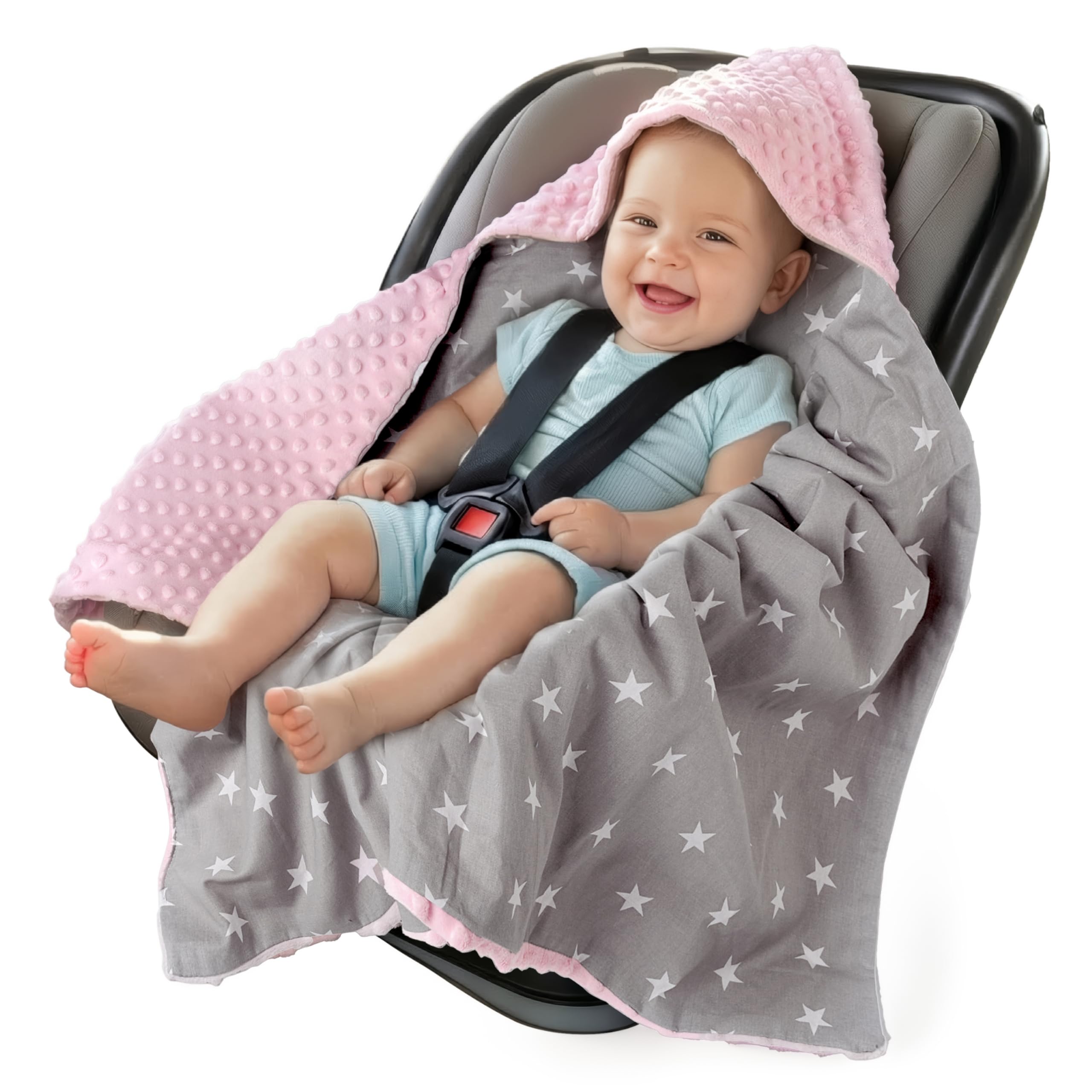 Medi Partners Swaddling Blanket 100% Cotton 85x85cm Double-Sided Multifunctional Plush Blanket With a hood for Pushchairs Soft Fluffy (Stars with light pink Plush) โ image 1