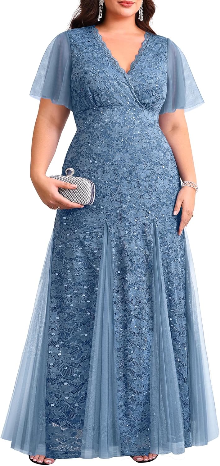 Plus Size Formal Dress - Evening Gowns Wedding Guest Mother of The Bride Sequin Lace Mermaid Tulle Hem Prom Long Dress