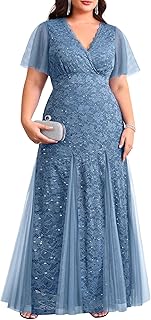 Plus Size Formal Dress - Evening Gowns Wedding Guest Mother of The Bride Sequin Lace Mermaid Tulle Hem Prom Long Dress